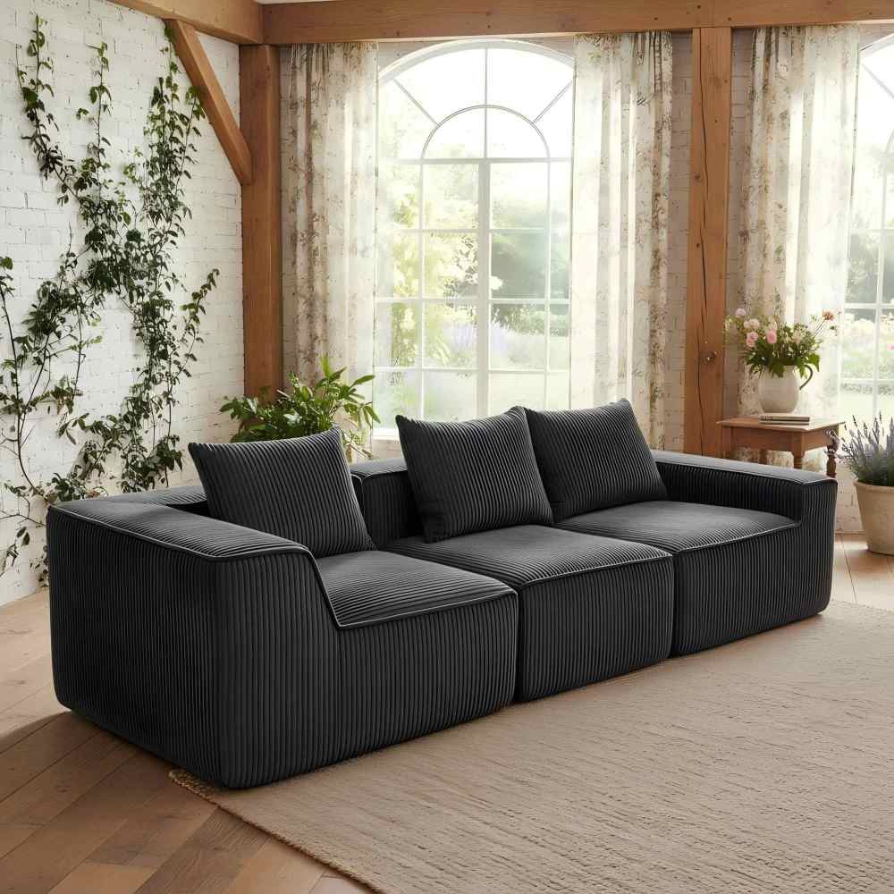 Dark Gray Corduroy Modular Sectional Sofa, 3-Seat Deep Seating