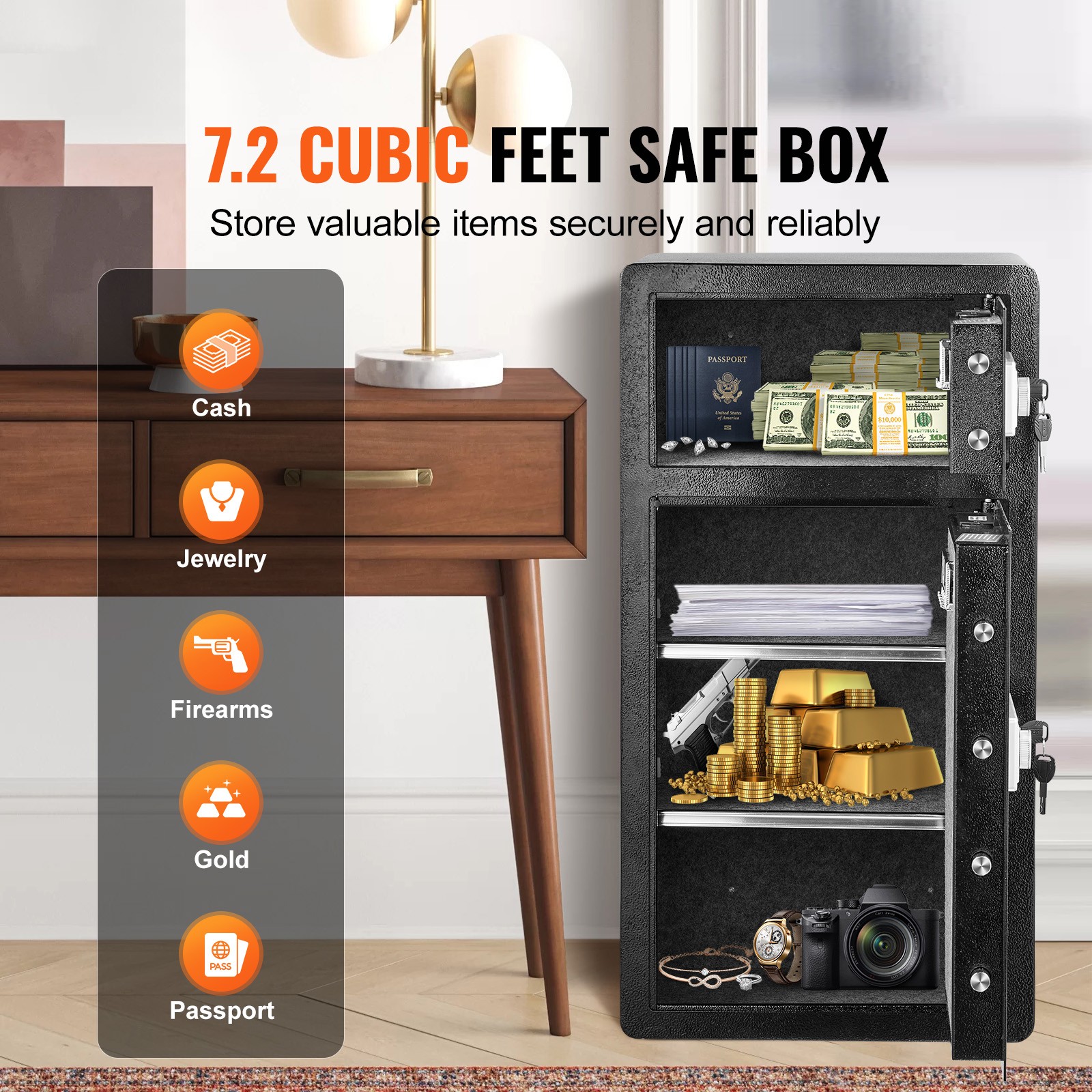Double Door 7.2 cu.ft Safe Box with Key Lock Password Cabinet Black