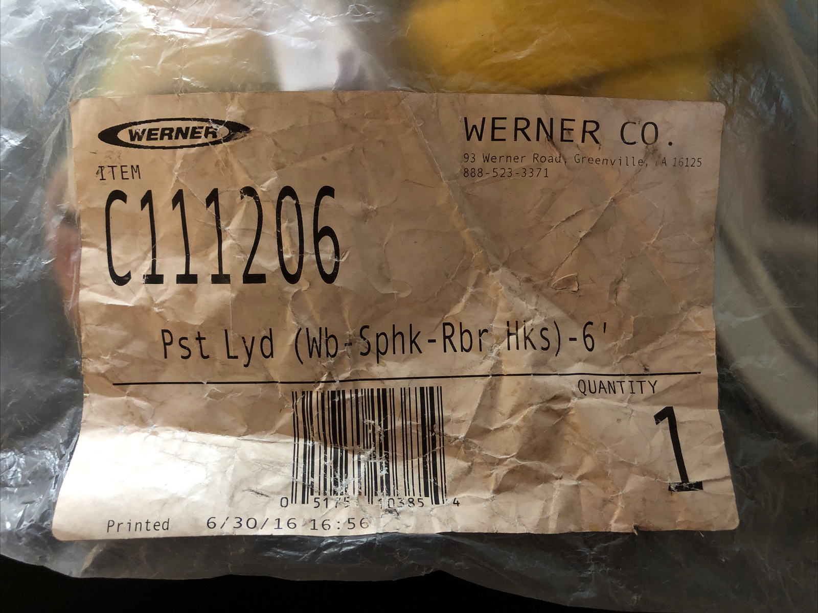 Werner C111206 Positioning Lanyard 6 Ft Snap Hook With Rebar Hook / Sealed Pack