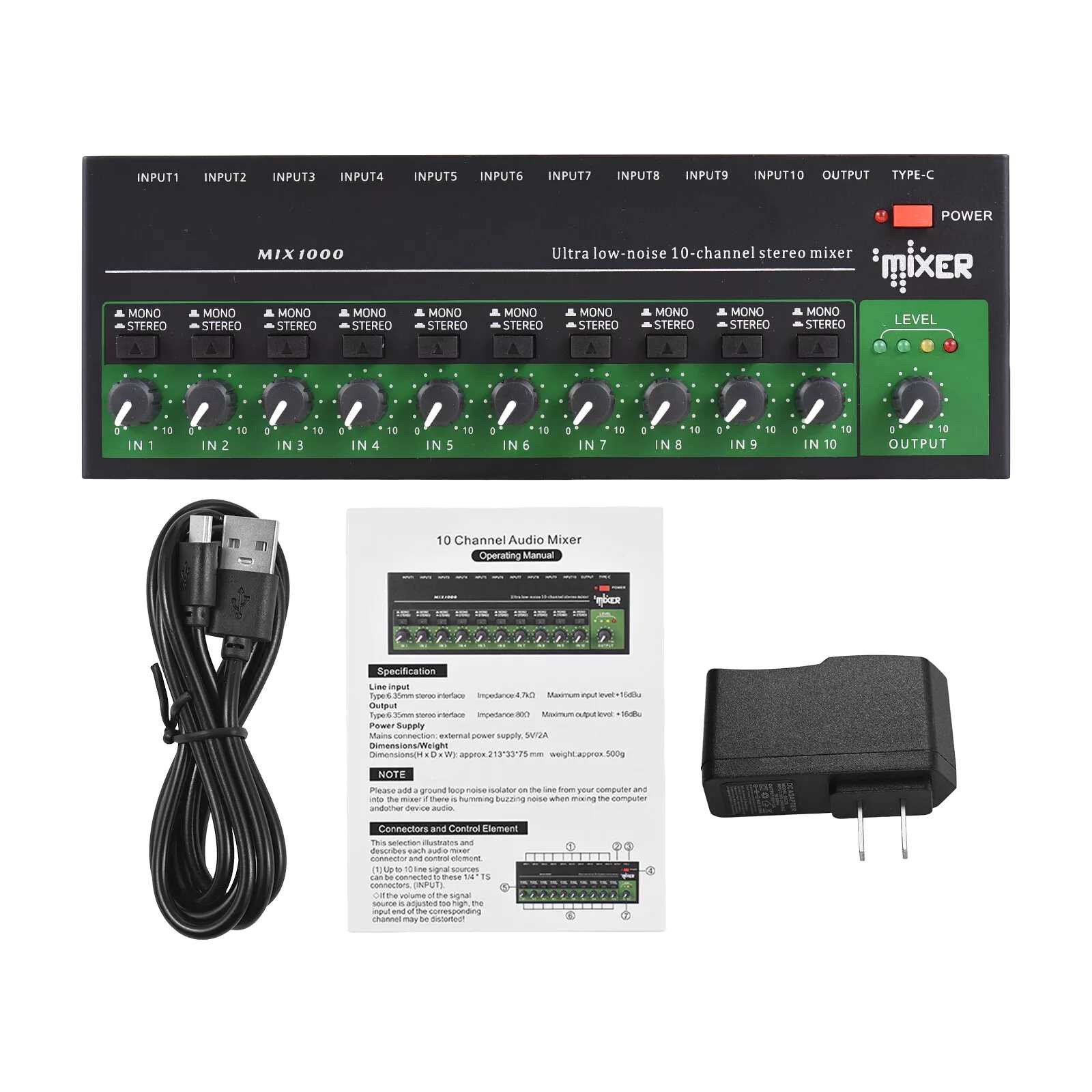 1 PC Metal 10 Channel Stereo Mono Audio Mixer 6.35mm Input Output TRS/TS Jacks