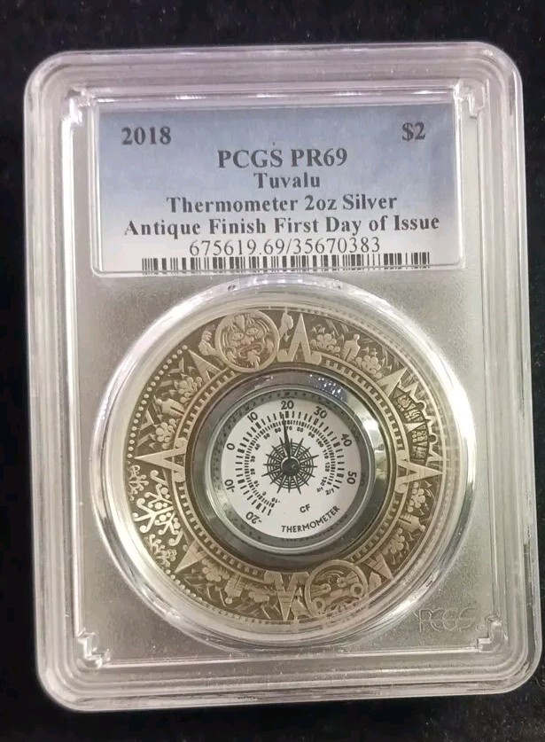 2018 PCGS PR69 Tuvalu Thermometer 2 Oz. Silver Antique Finish First Day Of Issue