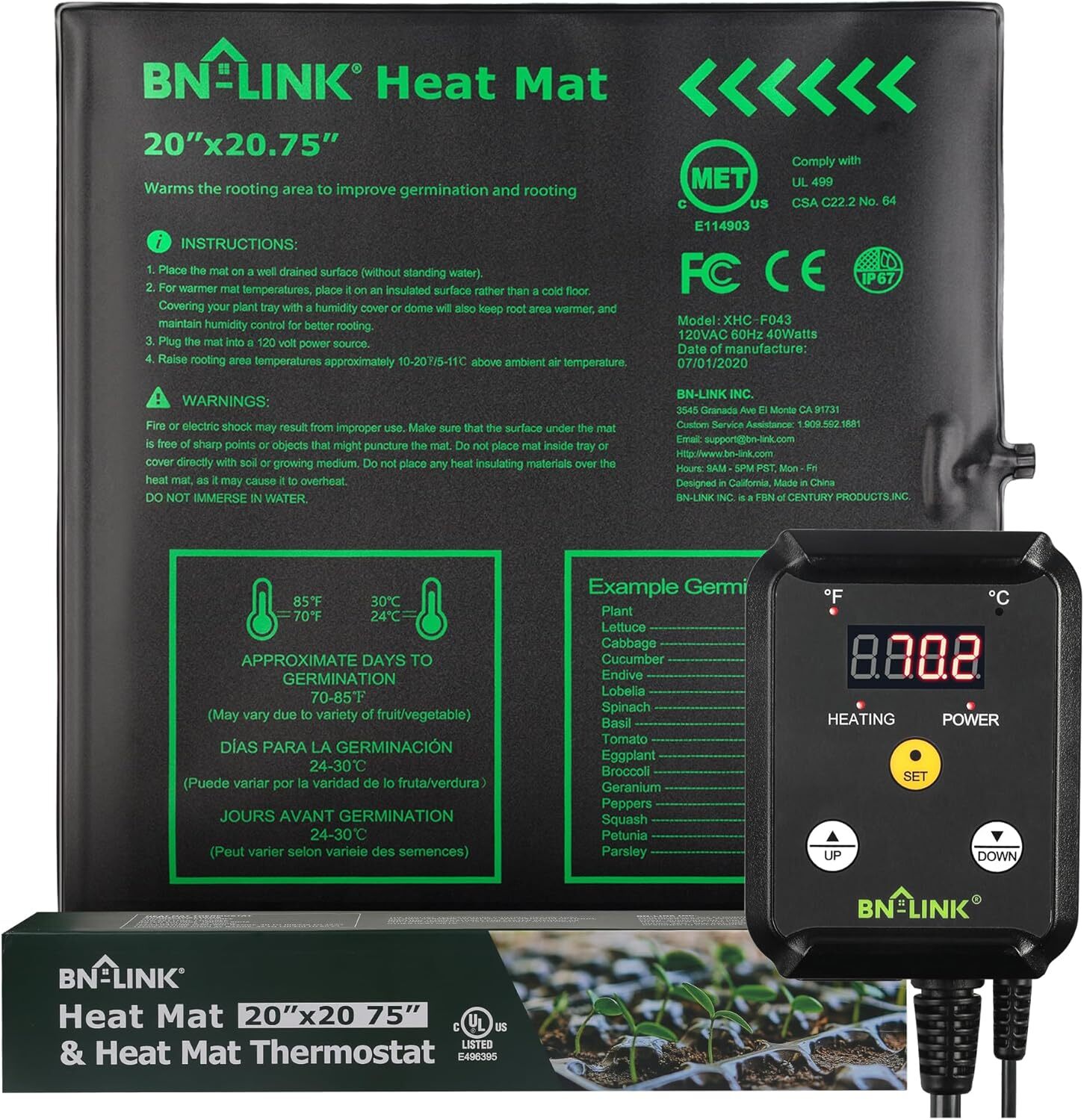 BN-LINK Seedling Heat Mat 20" x 20.75" with Heating Thermostat Outlet Controller