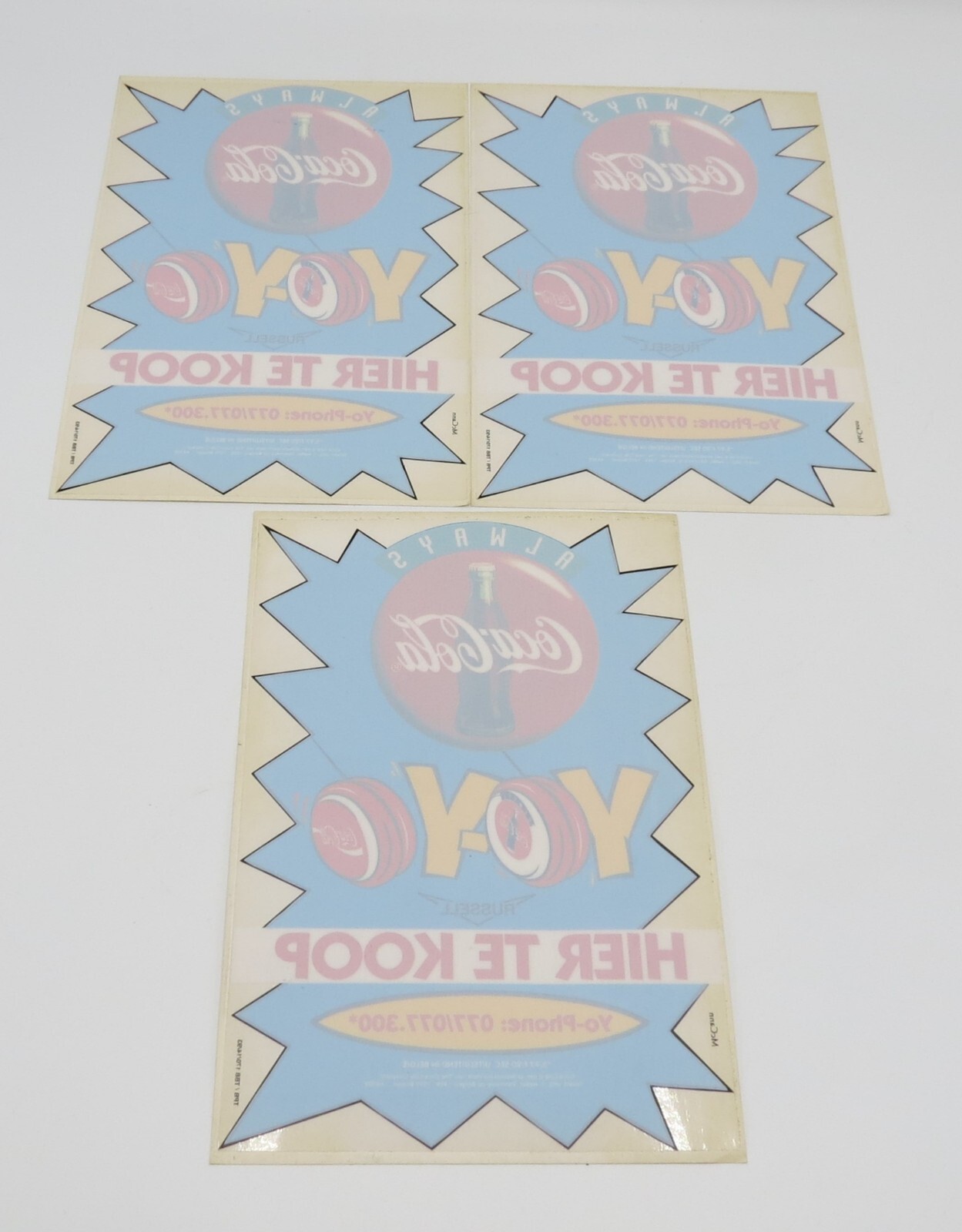 1993 Vtg RUSSELL / COCA-COLA YO-YO promotion window stickers lot of 3, Belgium