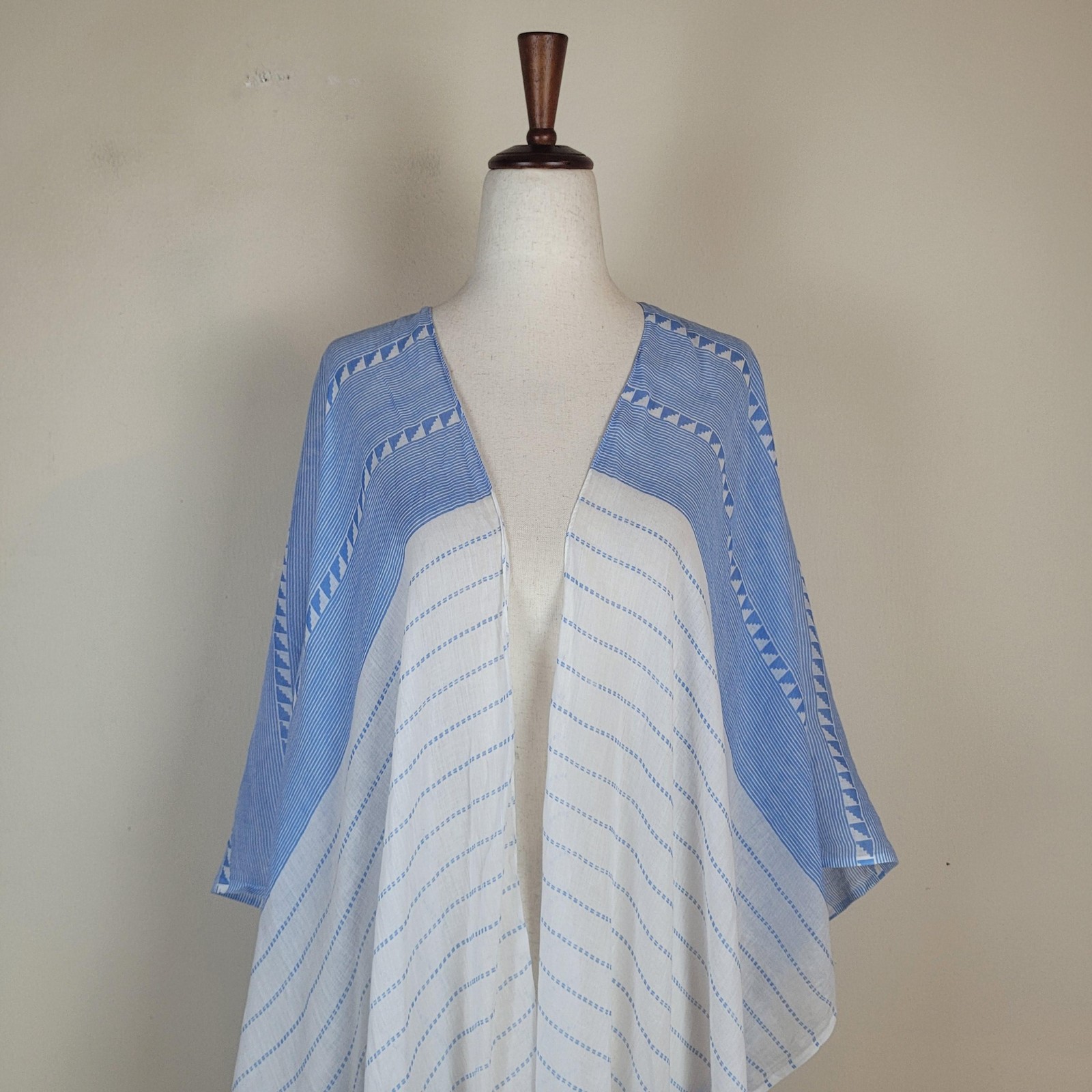 Mersea Coverup OS Blue White Striped Tassel Kaftan Beach Boho Vacation Sheer