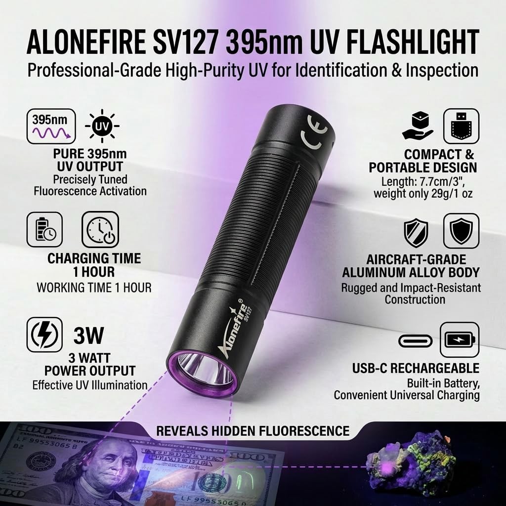 395nm UV Flashlight Mini Blacklight USB C Rechargeable Rechargeable
