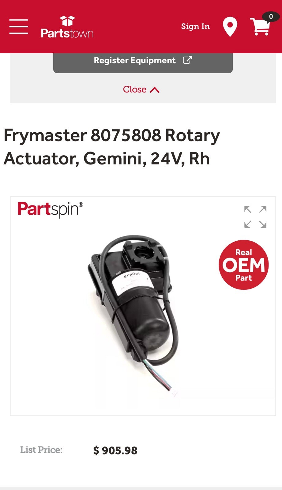 8075808 Frymaster Actuator, Genuine OEM FM8075808