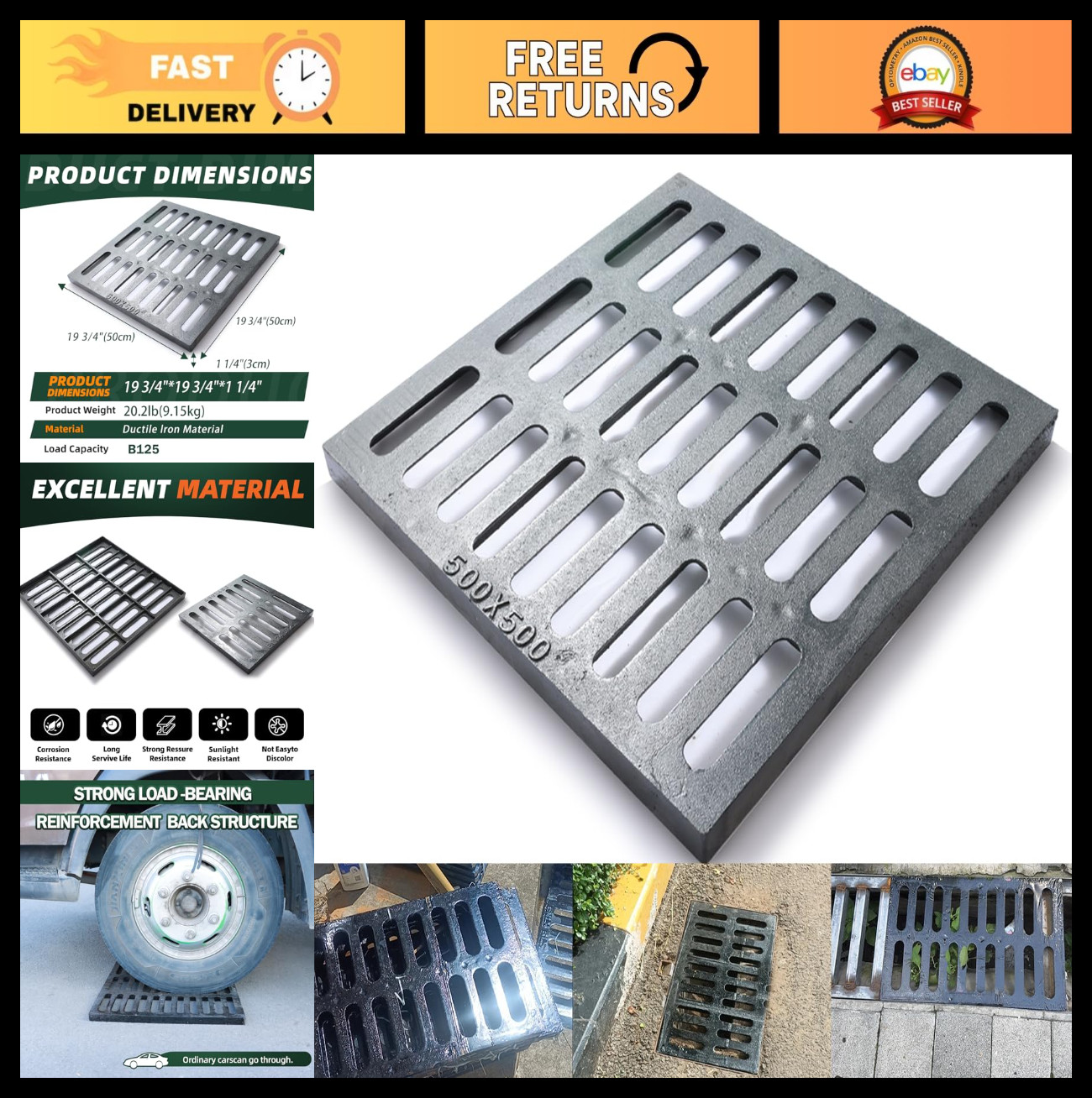 Heavy Duty Cast Iron Drain Grate 20x20in, B125 Class Outdoor Cover for Yard, Dri