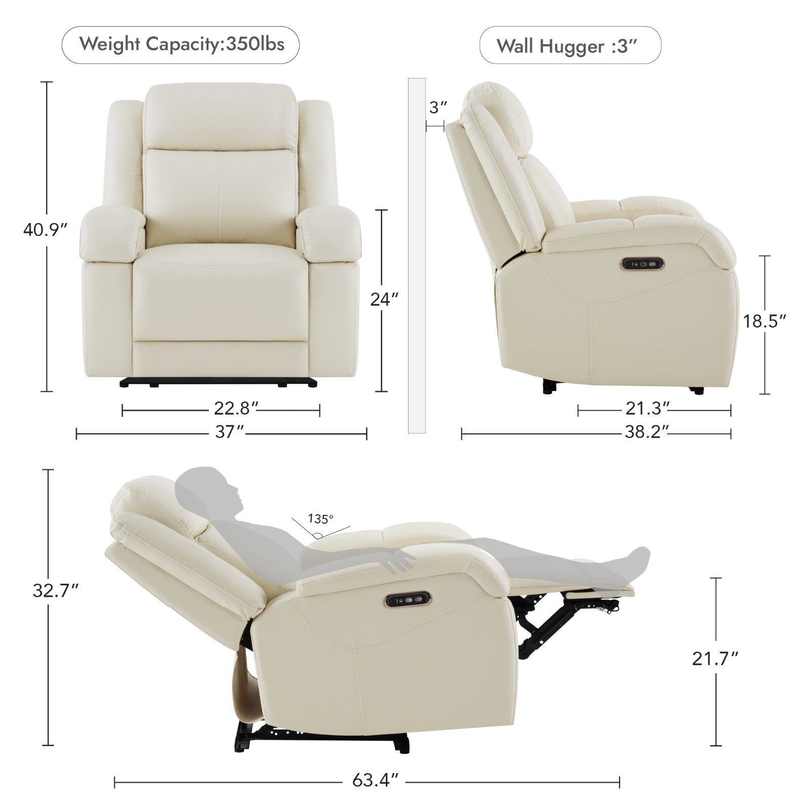 CHITA Genuine Leather Recliner Sofa Wall Hugger Reclining Sofa w/Storage Console