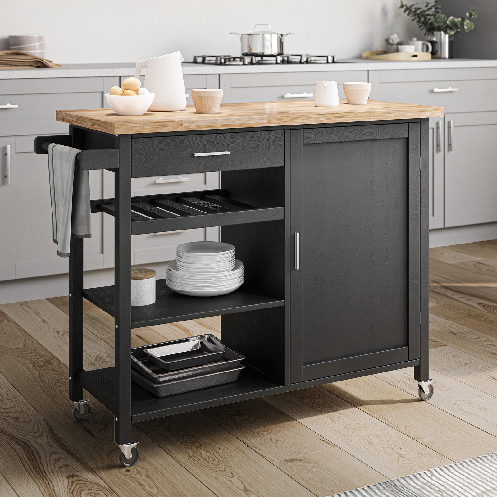 4-Tier Kitchen Trolley Cart Island Storage Cabinet Shelf Drawer w/Casters, Black