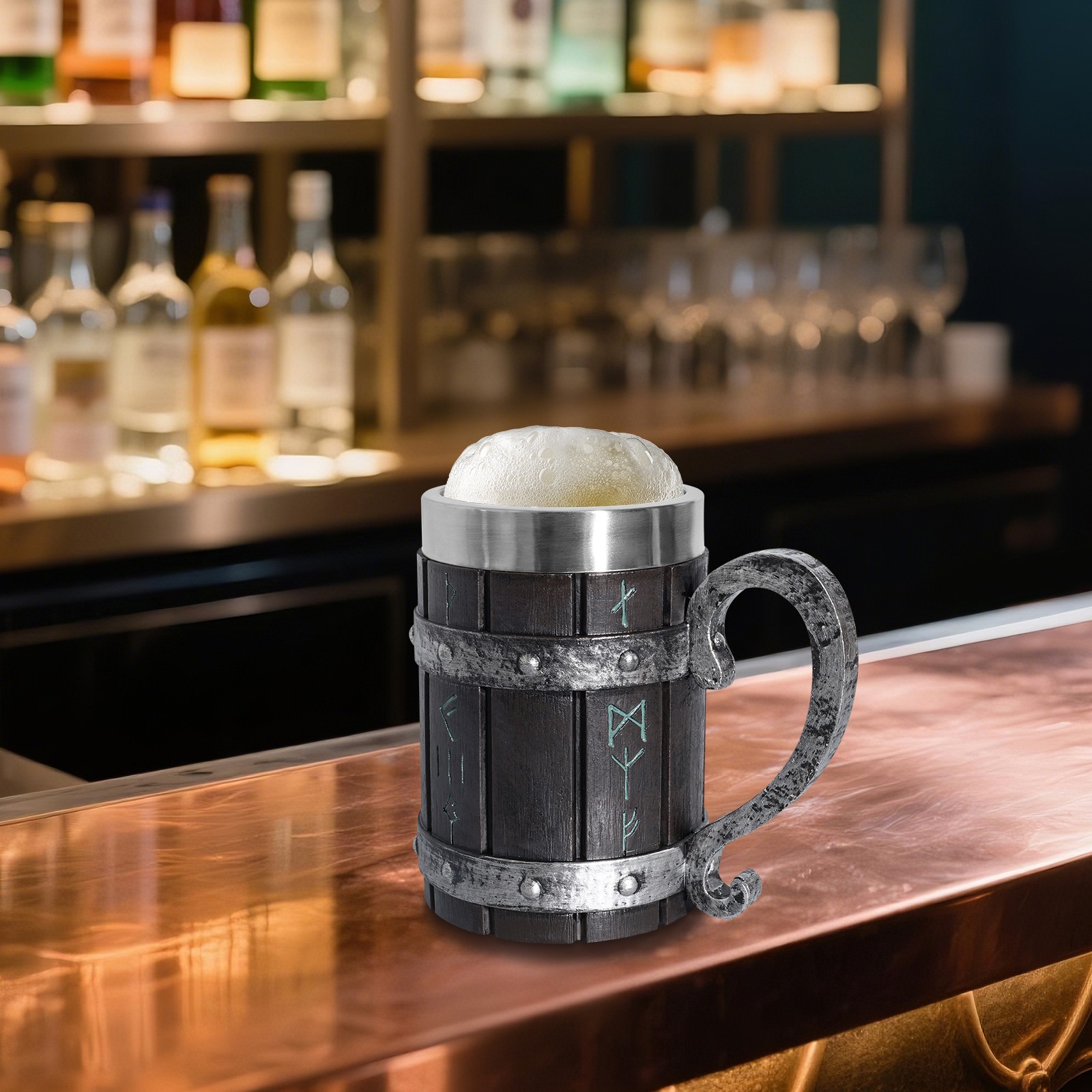 Viking Mug Stainless Steel Coffee Cup Pirate Norse Rune Dragon Handle Mug