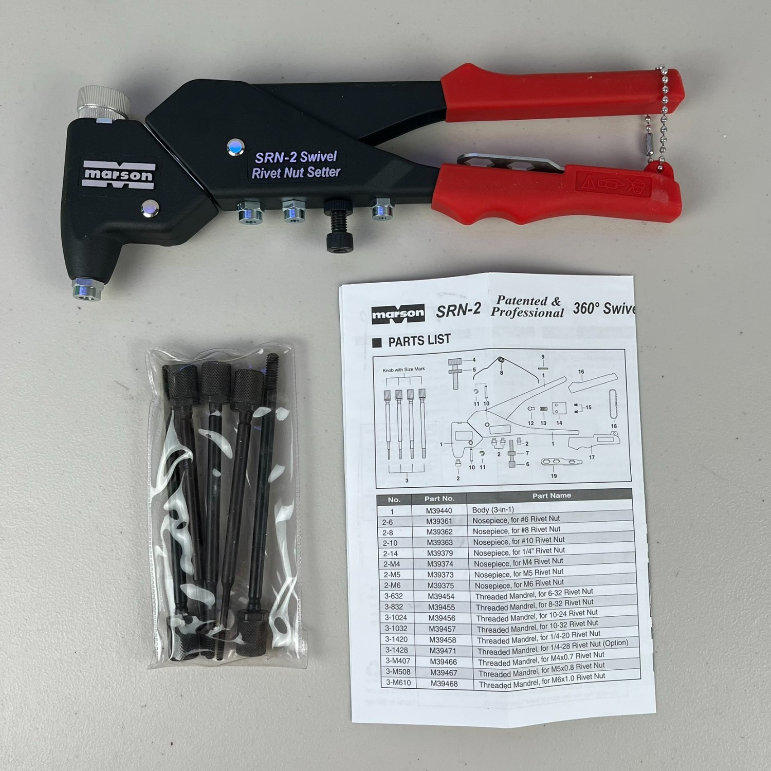 Marson Swivel Head Rivet Nut Setter SRN-2 Turn Klik Mandrels &Nosepiece 39400