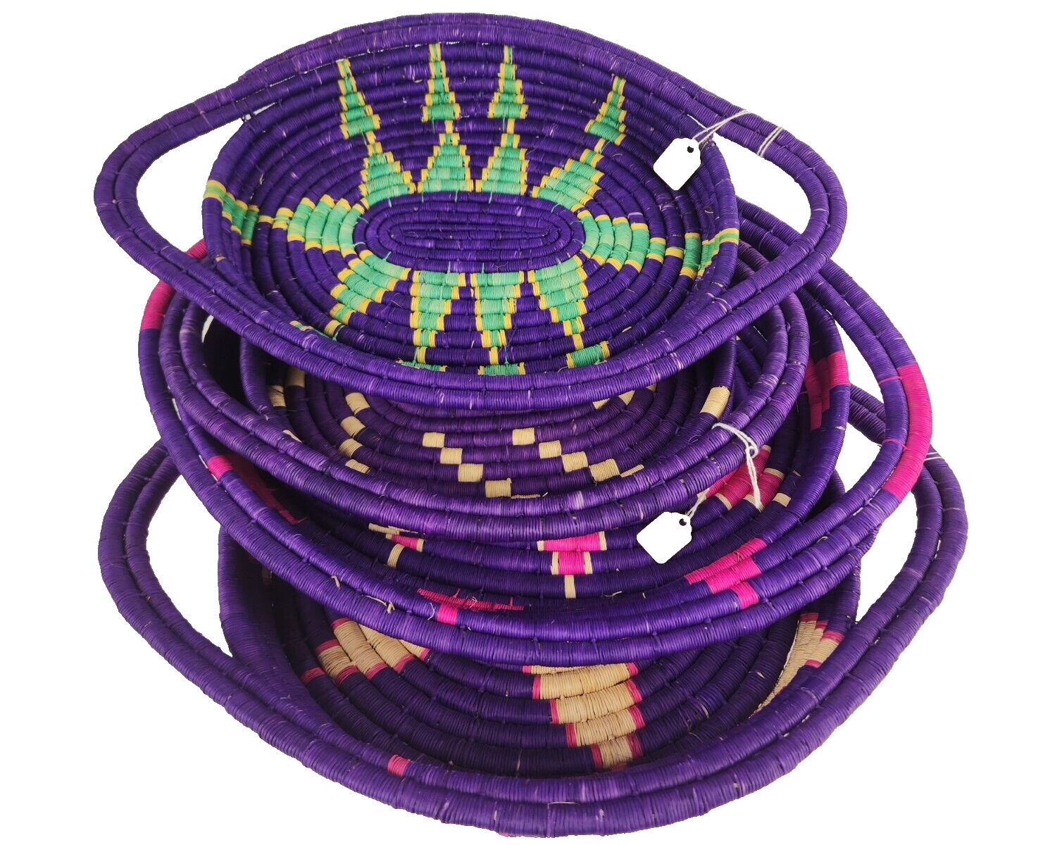 Set of 5 Honduras Handwoven Coil Baskets Purple Red Boho Wall Basket Decor