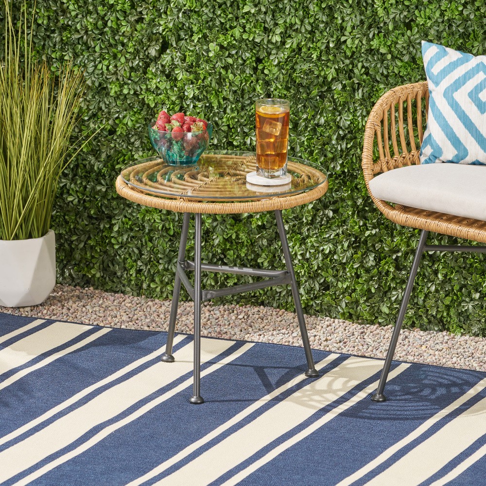 Orlando Outdoor Glass Top Faux Rattan Side Table Tempered Glass End Table