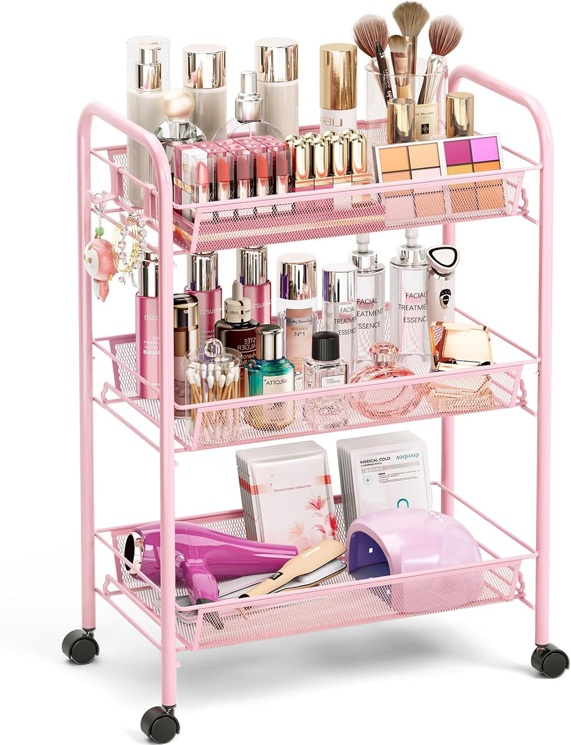3 Tier Rolling Cart, Metal Utility Storage Cart with Wheels, Pink | 3 Hooks, Scr