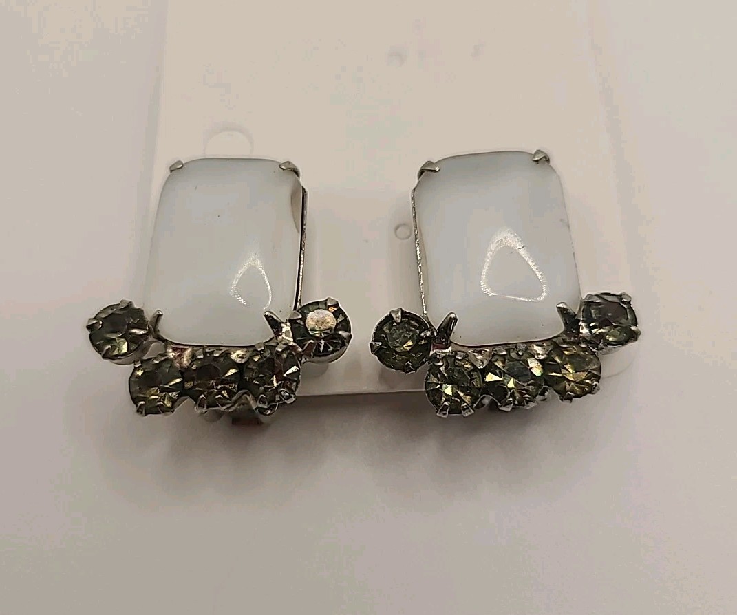 Gorgeous Vintage White Green Stones Prong Set Clip On Earrings