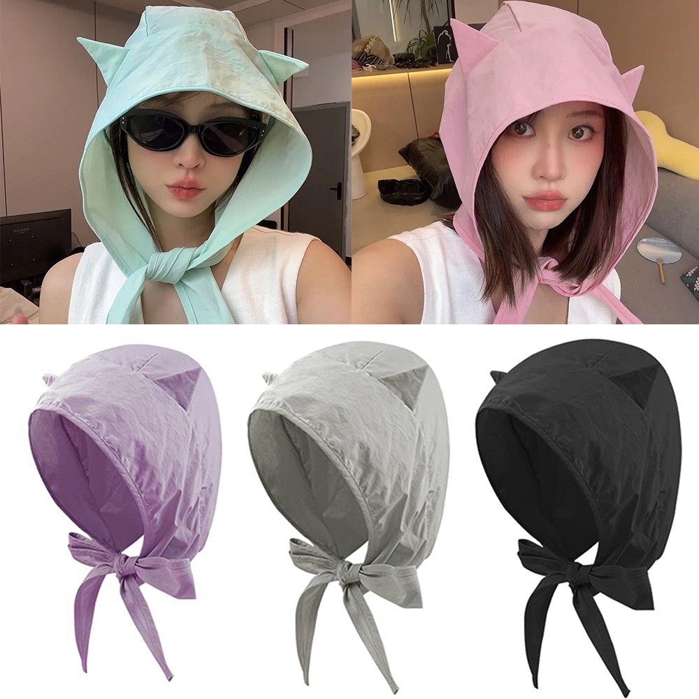 Sun Cap Sunscreen Hat Headscarf Strap Hat Little Devil Horn Women Summer ☾