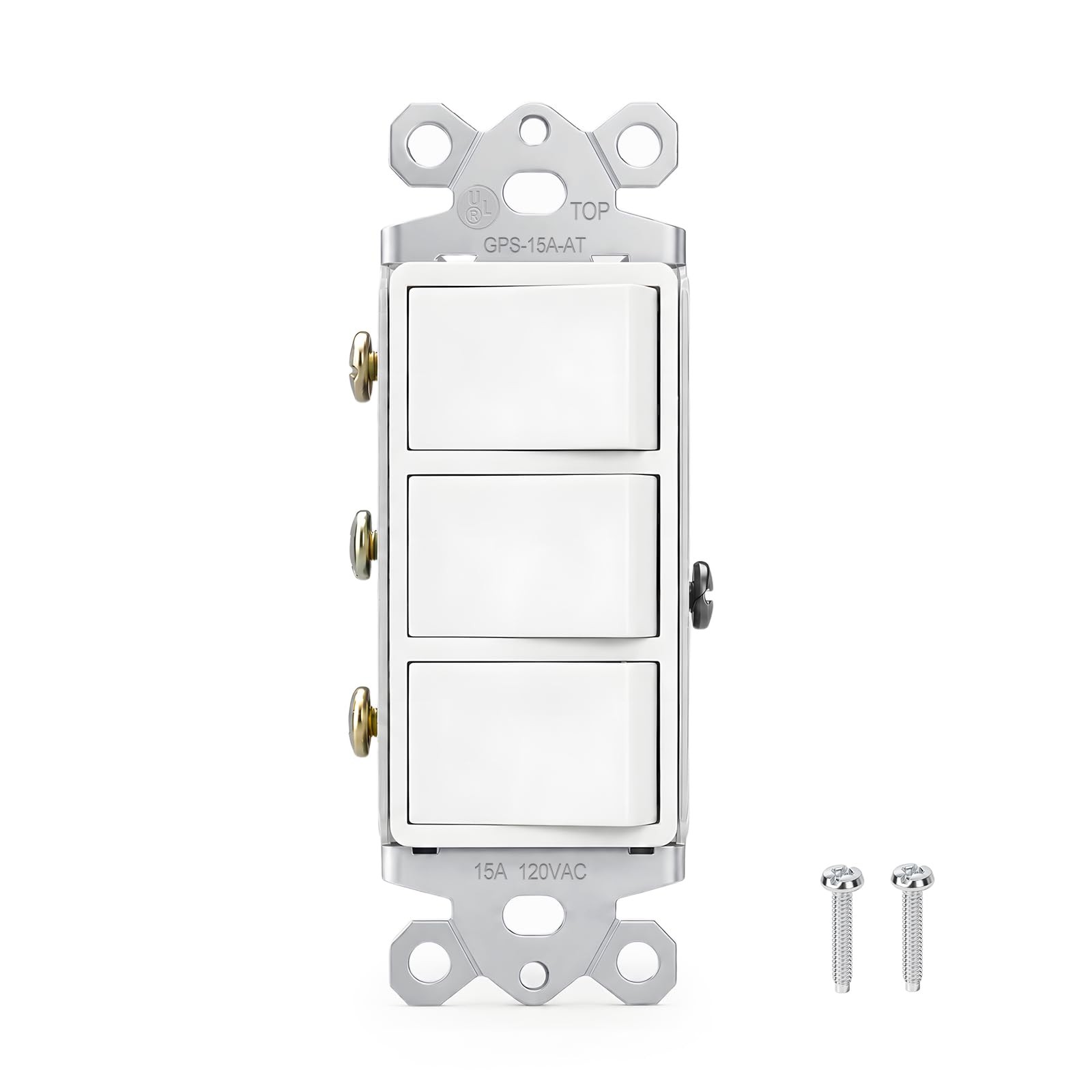 Triple Rocker Light Switch, 15A 120V Single Pole, 3 Individual Switches Groun...