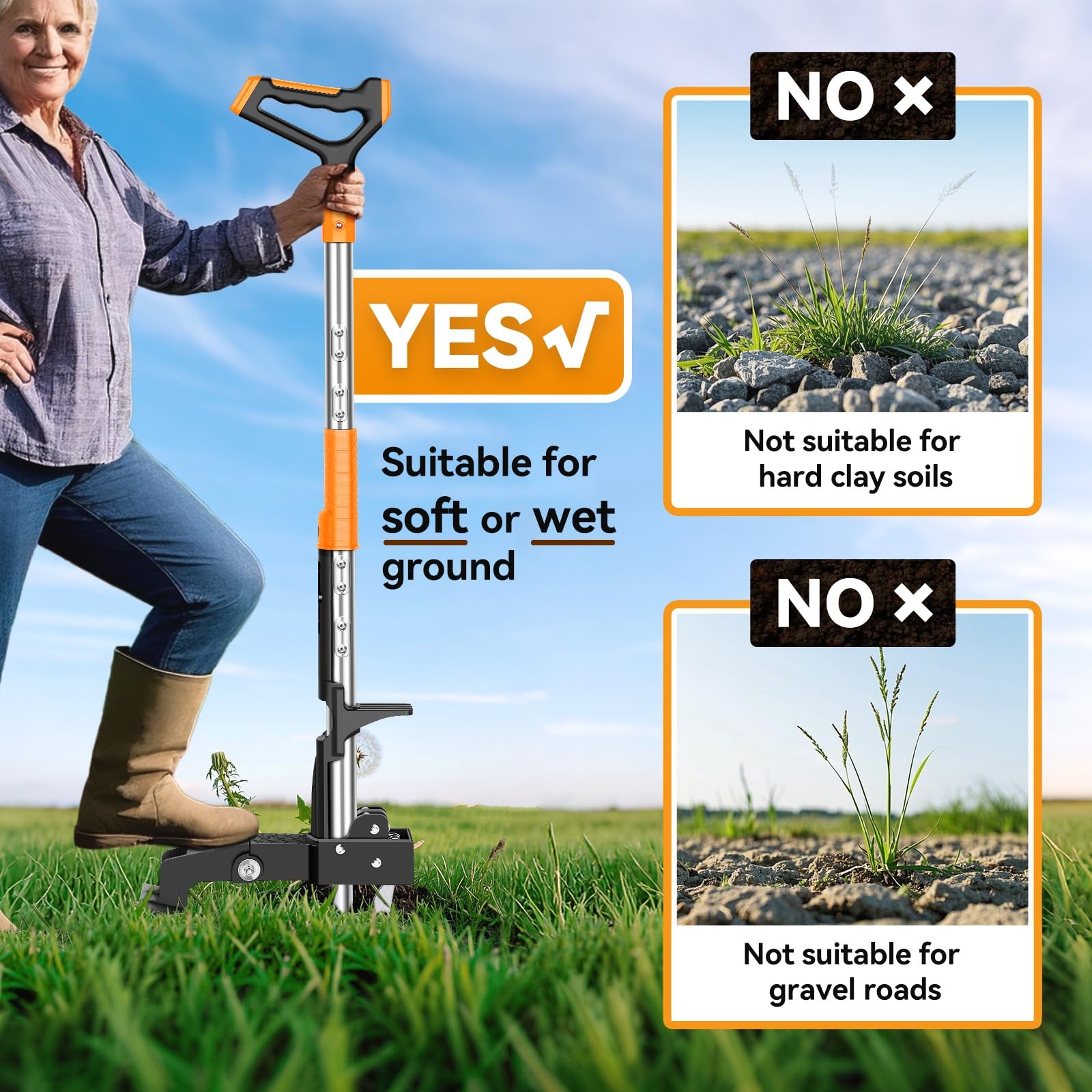Fulljion Weed Puller Tool,Detachable Stand Up with Long Orange