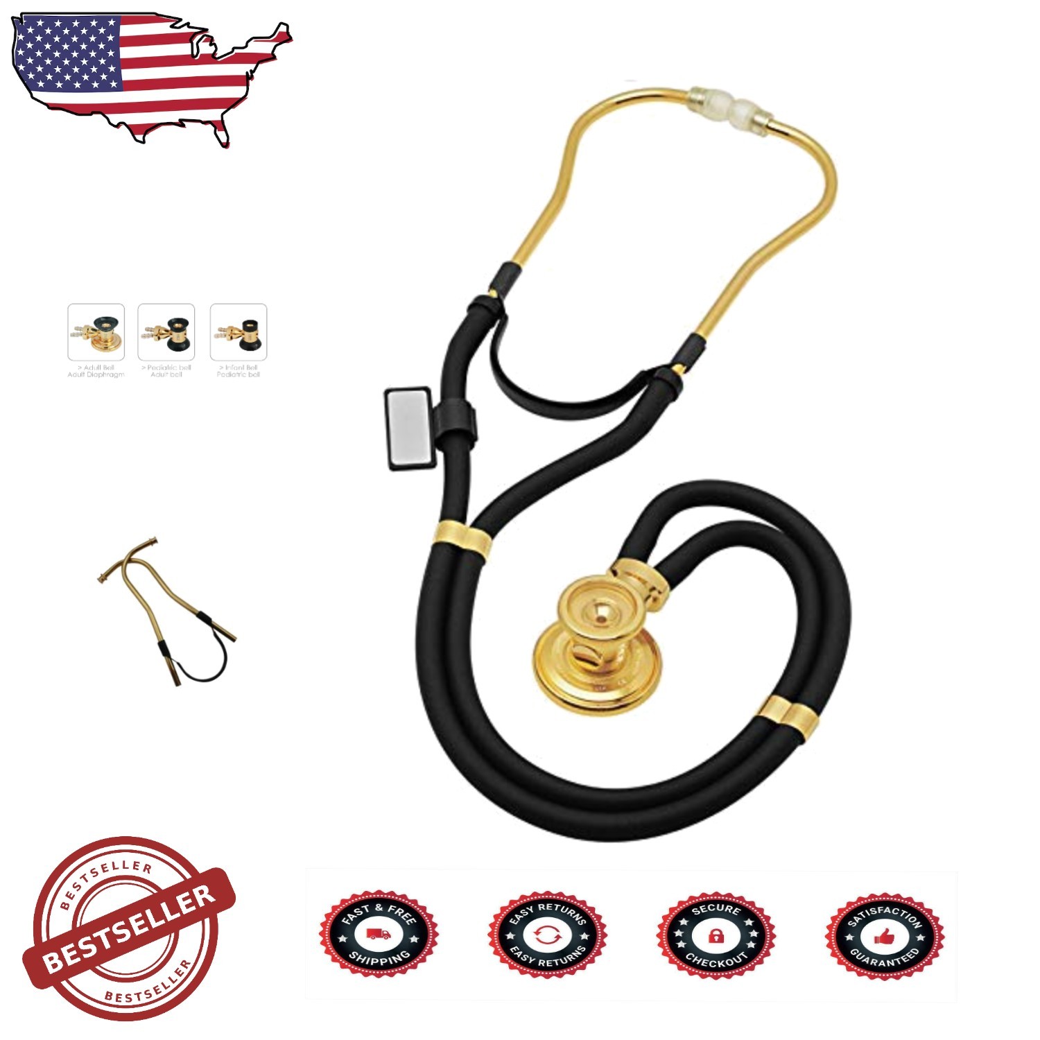Sprague Rappaport Stethoscope 22K Gold Dual Head Black - Adult Pediatric Infant