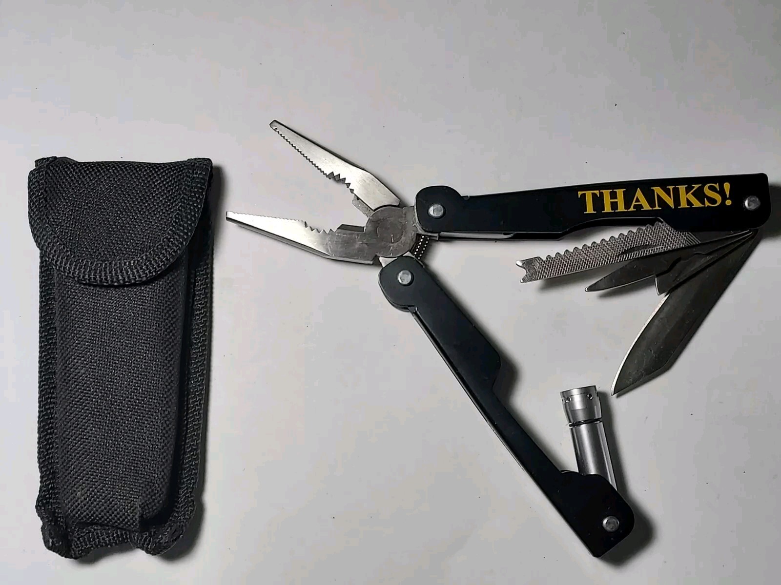 Black Metal Handles Multi Tool printed THANKS! with nylon pouch