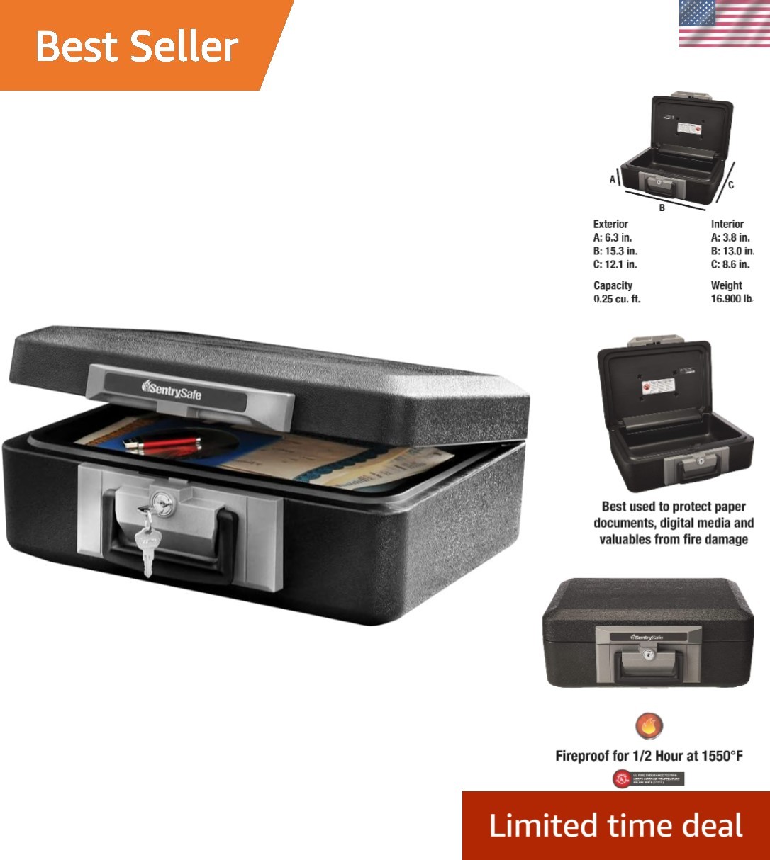 Fireproof Safe Box with Key Lock, Chest Safe with Carrying Handle to Secure M...
