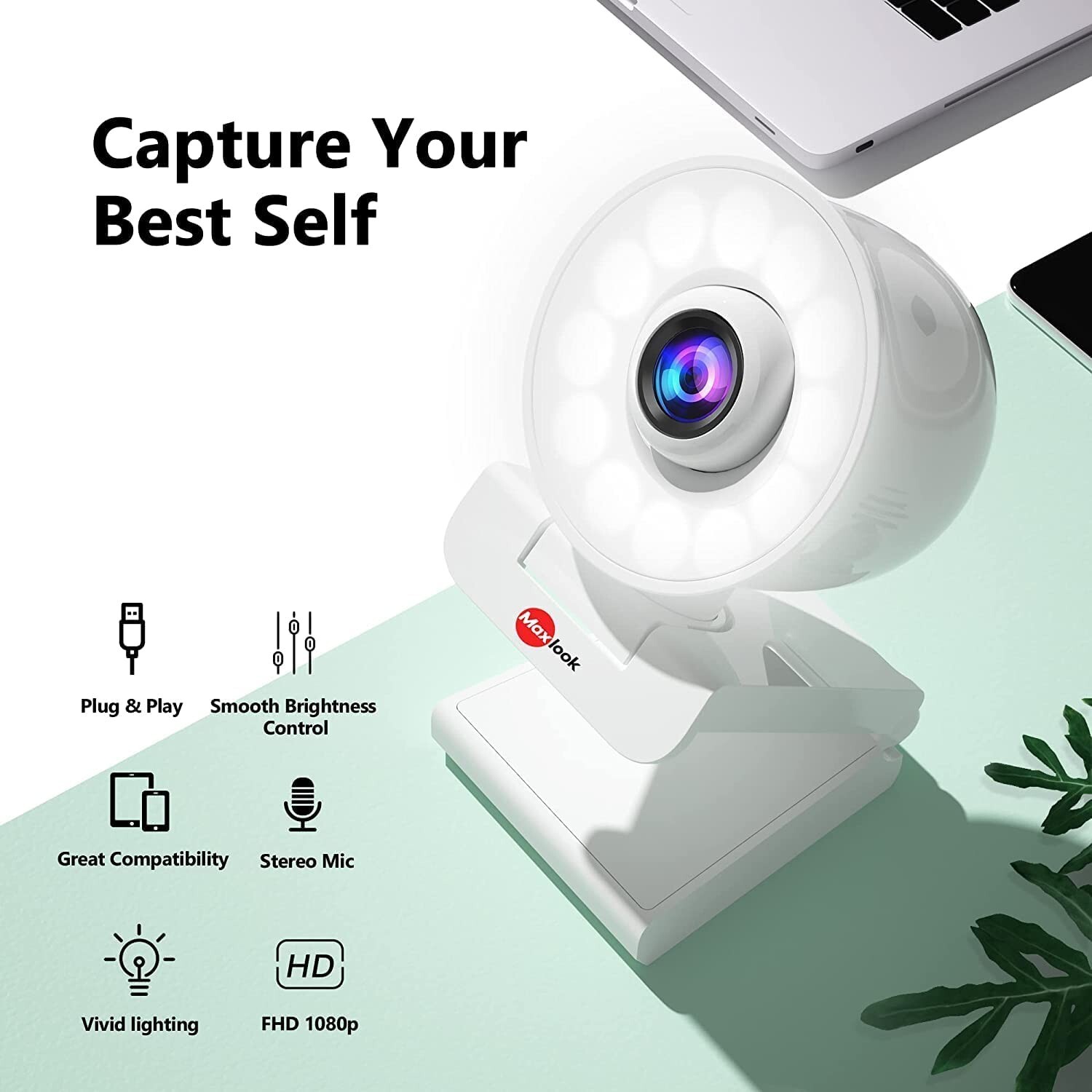 Maxlook Full HD Streaming Webcam: 1080P Webcam Built in Adjustable Ring Light