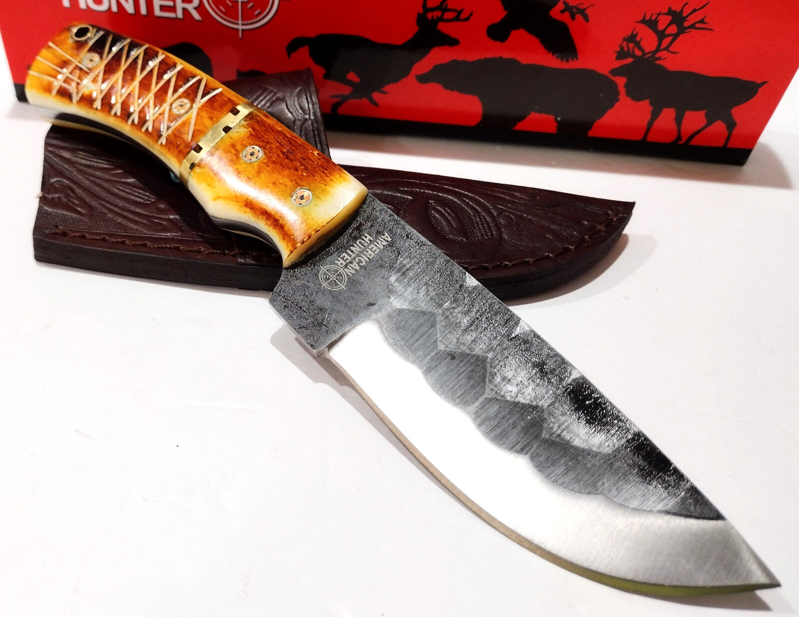 American Hunter Burnt Bone Forged Hunting Skinning Knife Leather Belt Sheath