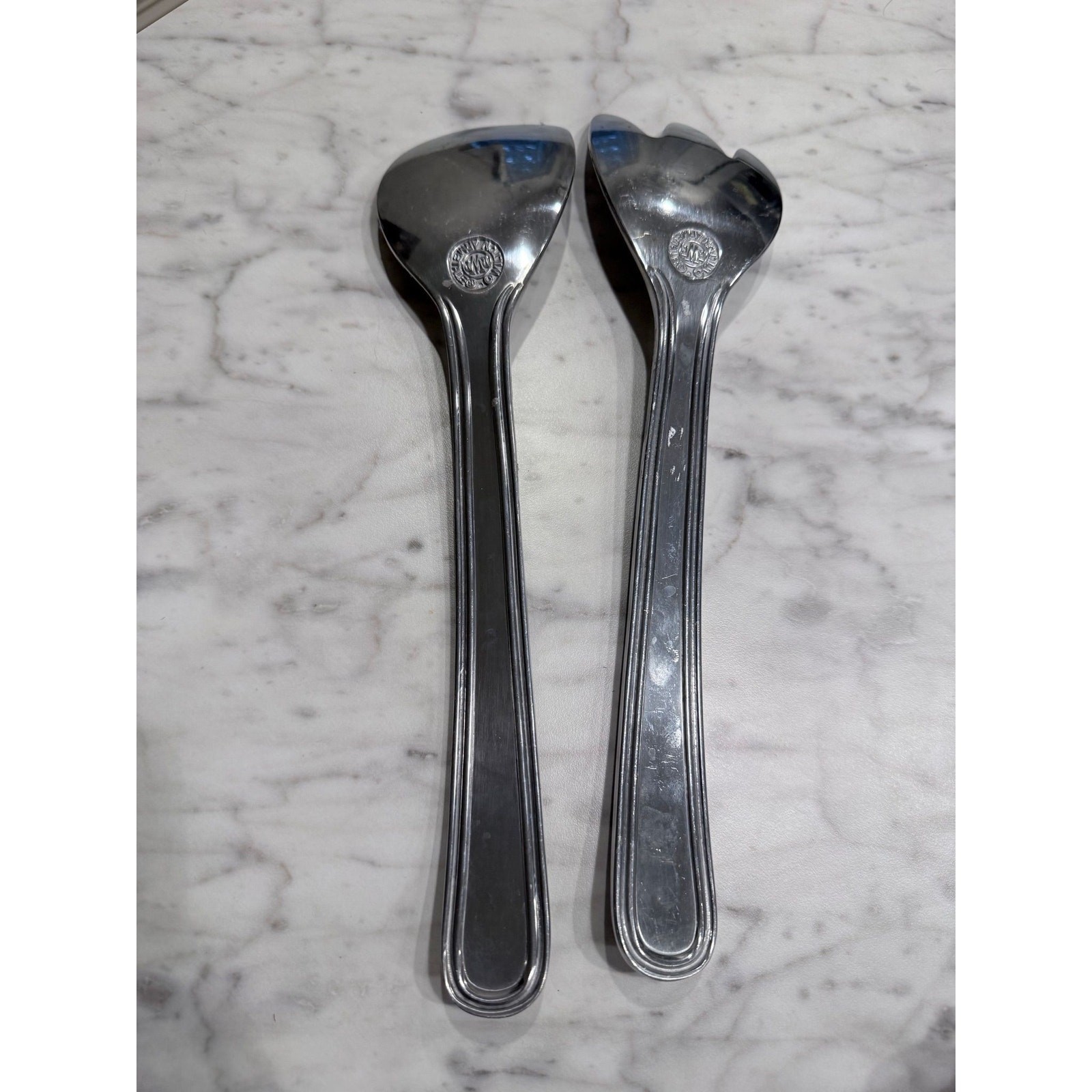 Wilton Armetale Salad Serving Spoon & Fork Set Beaded Pattern Aluminum Alloy USA