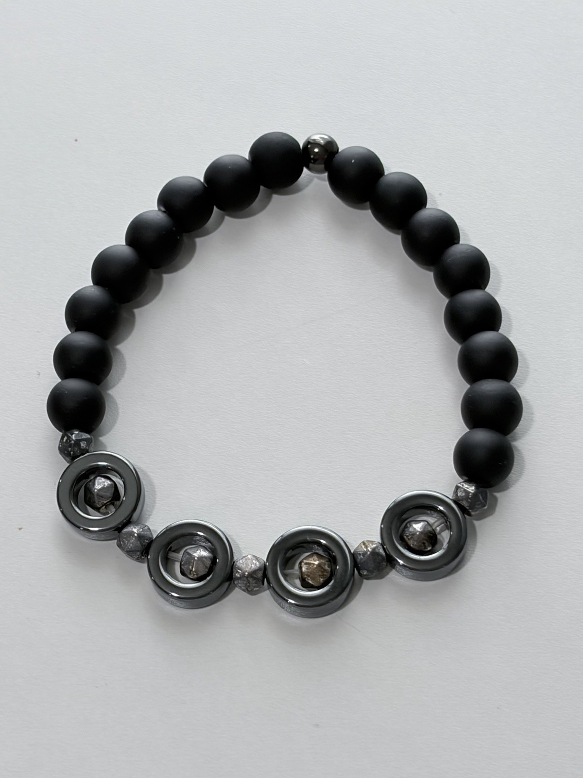 Beaded Bracelet Black and Gray Round Stretch