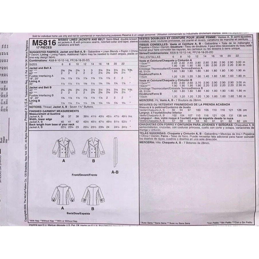 McCalls 5816 Sewing Pattern Misses Spring Coat Jac