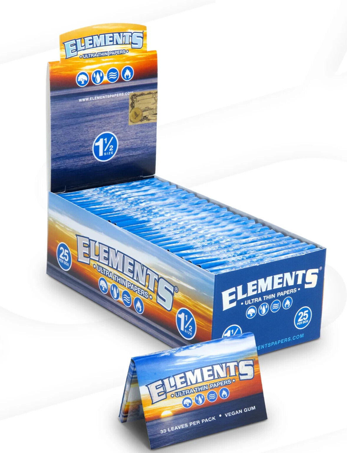 😎 25 X ELEMENTS 1 1/2 ULTRA THIN RICE ROLLING PAPERS 💚 25PKS 32 LEAVES PER PK