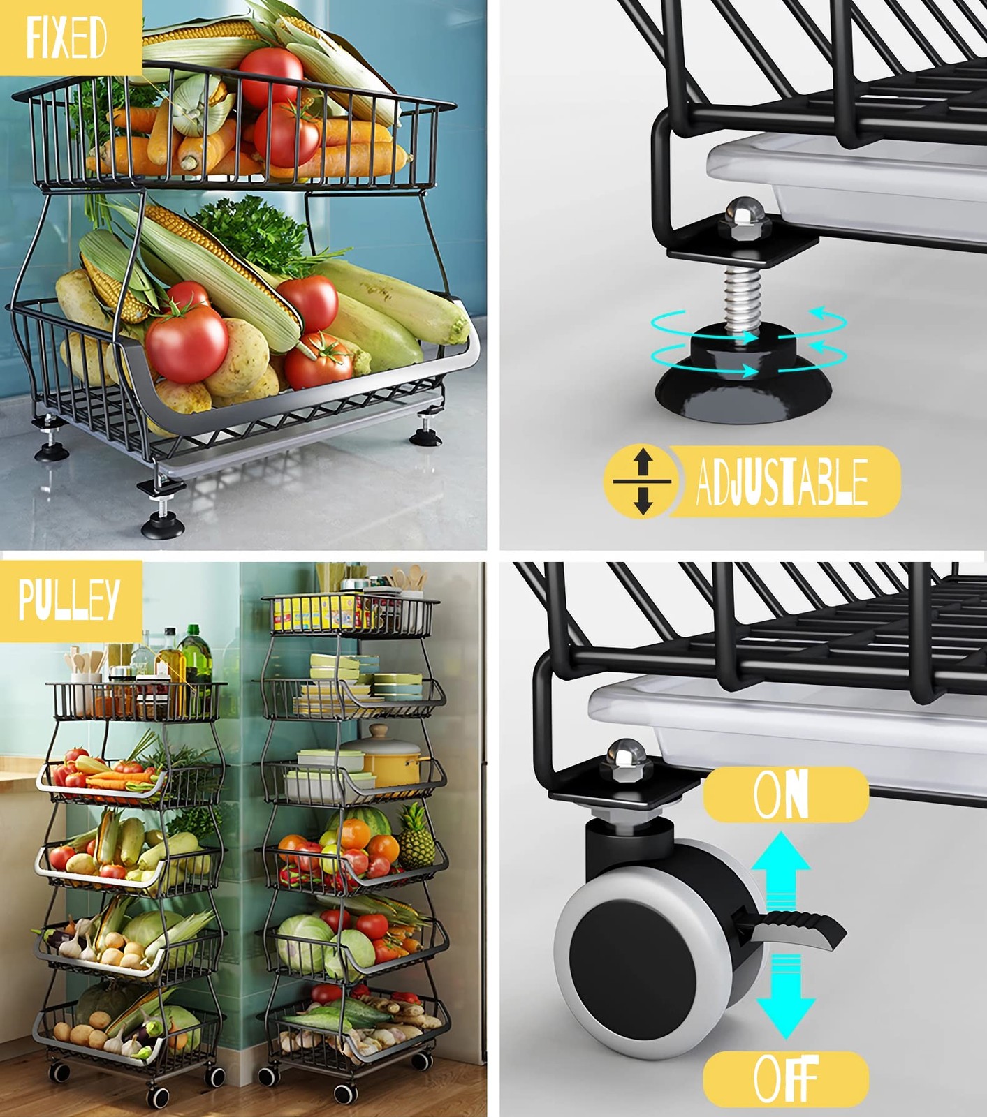 Fruit Vegetable Storage Baskets with Wheels, 6 Tier Stackable Wire Storage Ba...