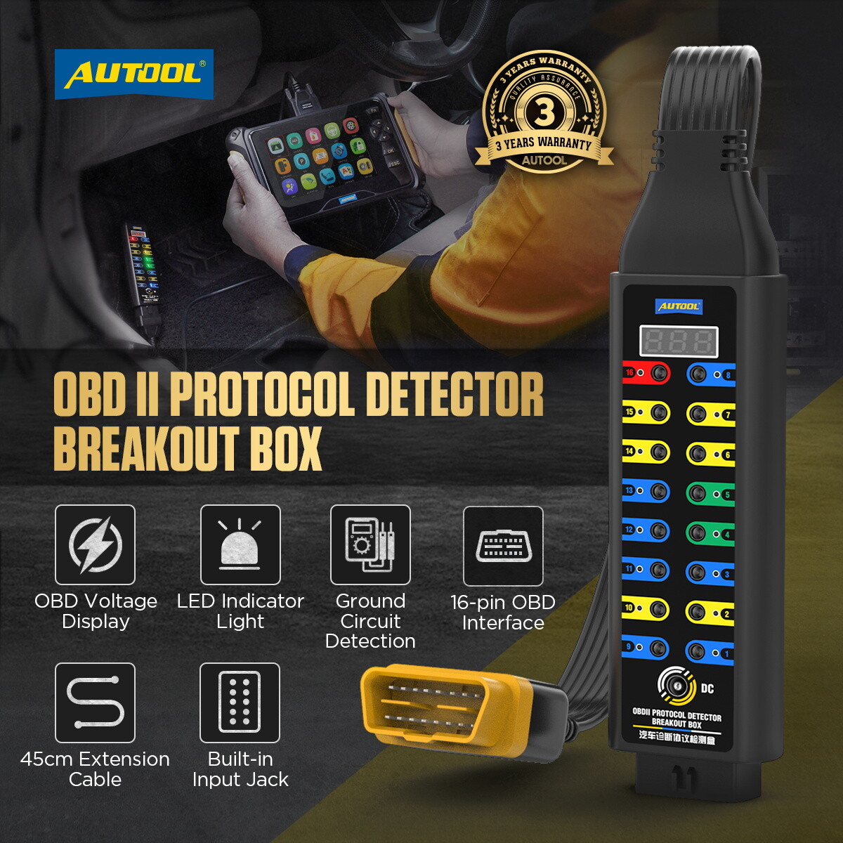 OBD2 Breakout Box Auto OBDII Protocol Detector LCD Display 16 Pin CAN Bus Test