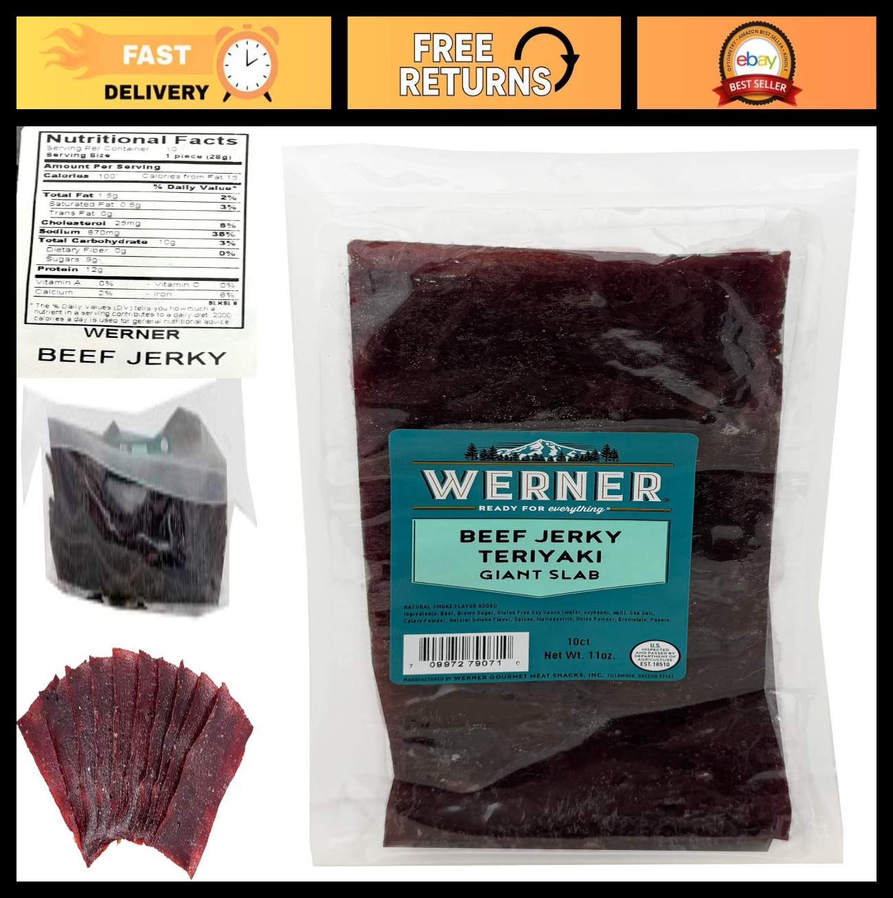 Giant Beef Jerky Slab 10 Count - Thinly Sliced Teriyaki Jerky Sheets Bulk Pack