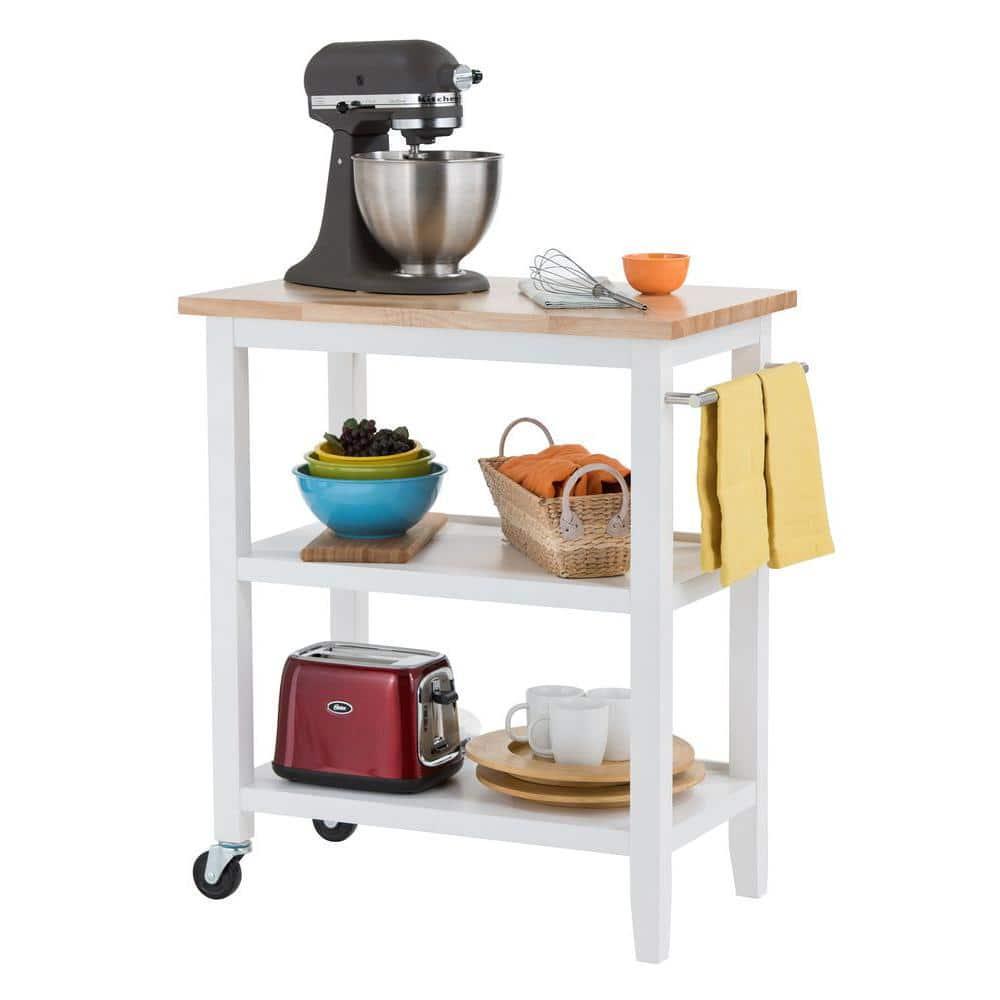 TRINITY Kitchen Cart White 30" Wide Butcher Block Top Rolling Island Towel Bar