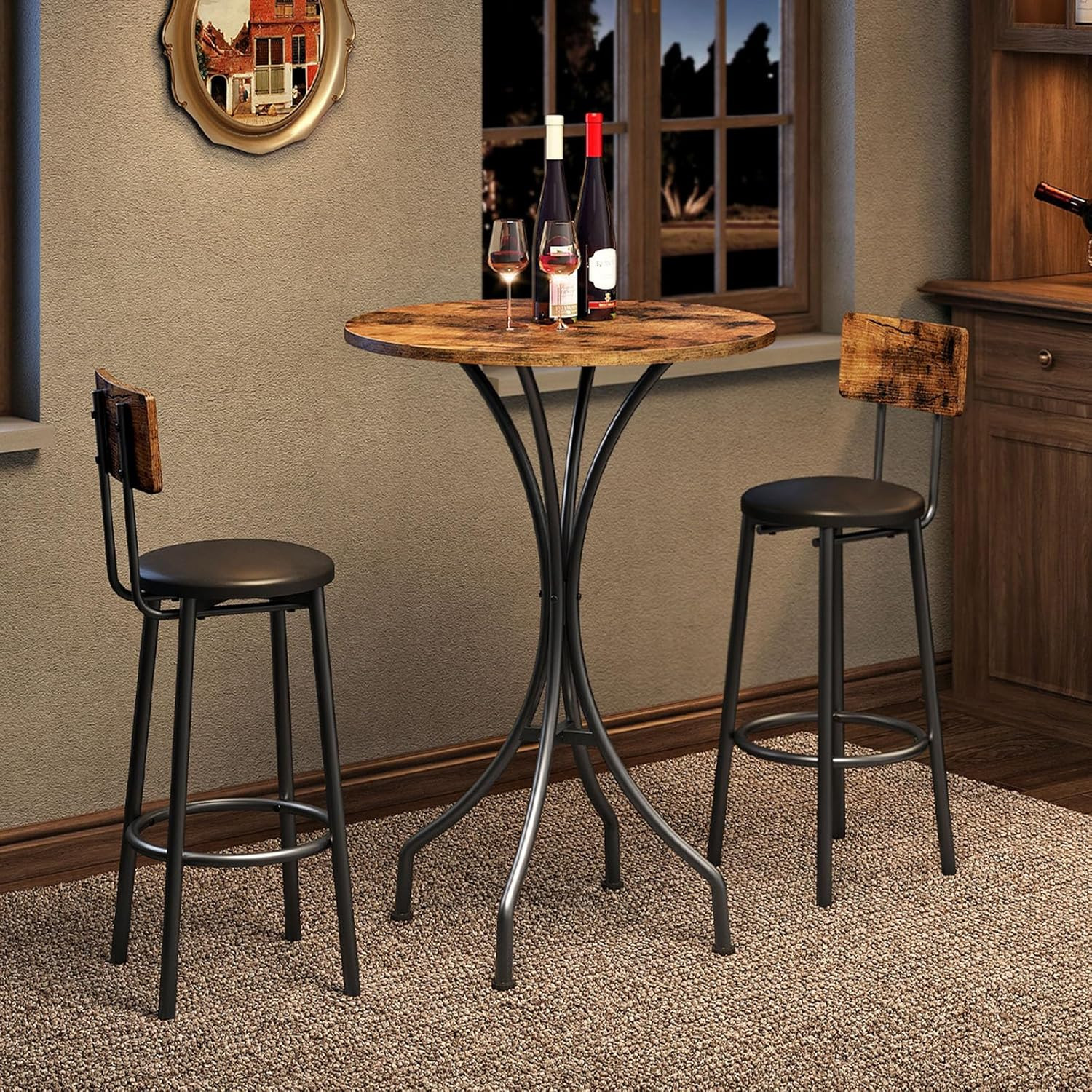 Round High Top Bar Table for Kitchen, Pub, Bistro, Rustic Brown/Black