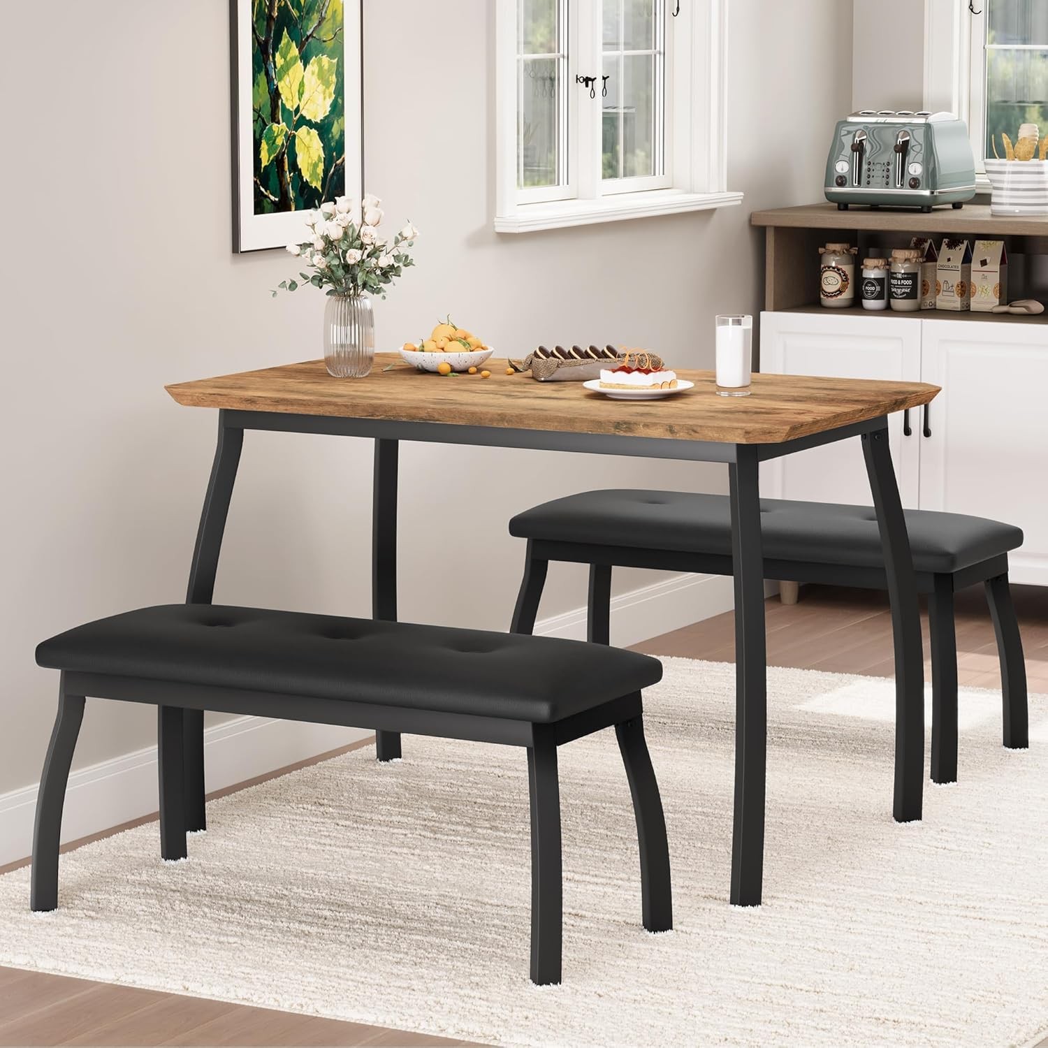 3-Piece Kitchen Table Set for 4 with Wooden Tabletop and Metal Frame Industrial