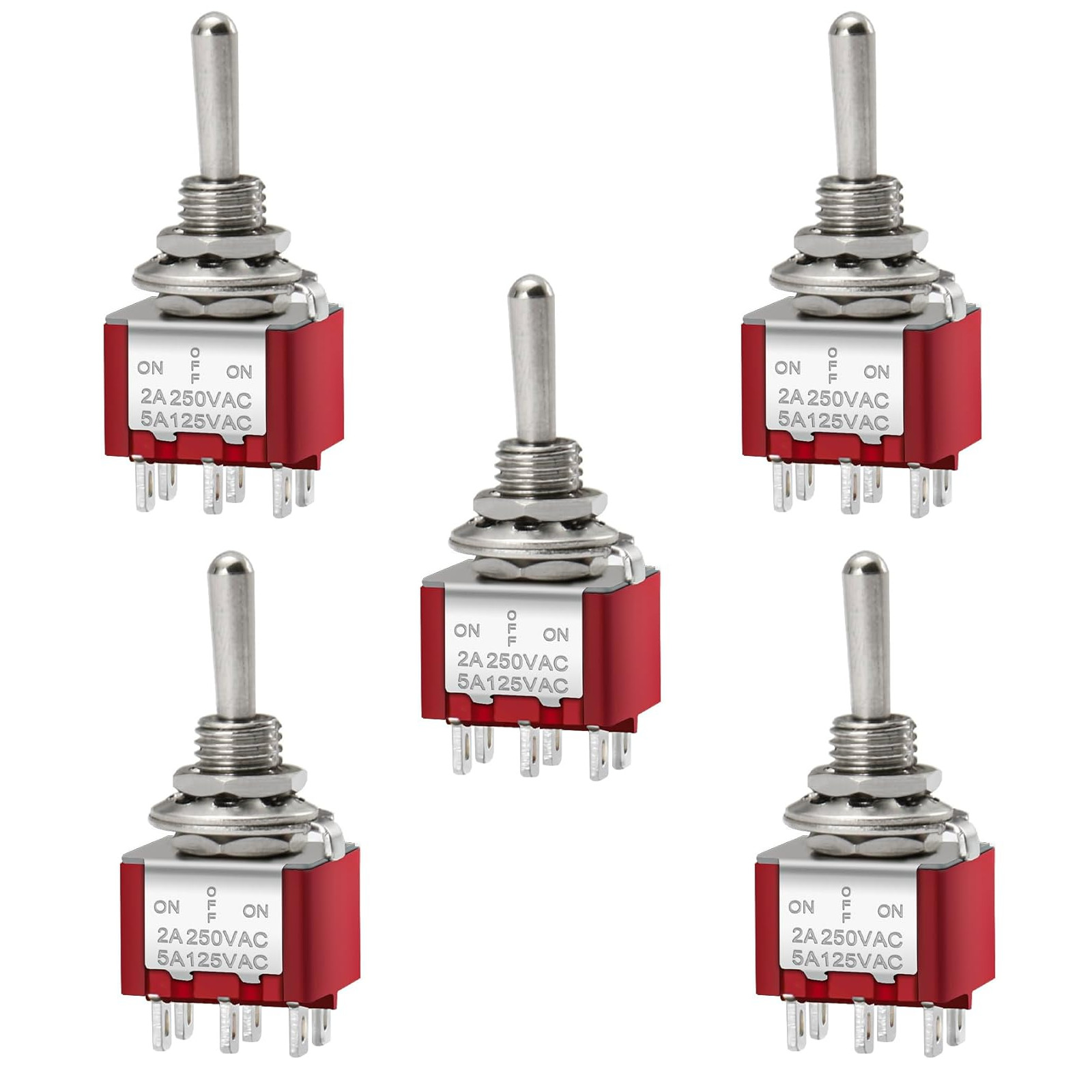 5x Momentary DPDT Toggle Switch 6 Pin 2A 250V 6A 125V Panel Mount Hole 0.23"
