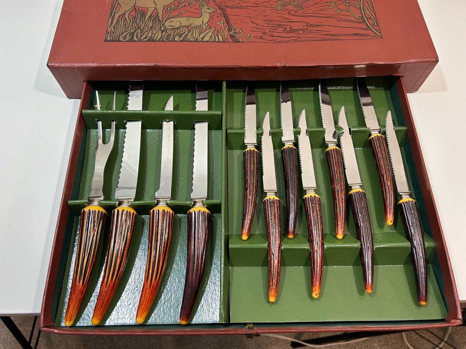 Vtg MCM Lifetime Cutlery 8 Steak Knives & Carving Set Faux Stag Antler Handles
