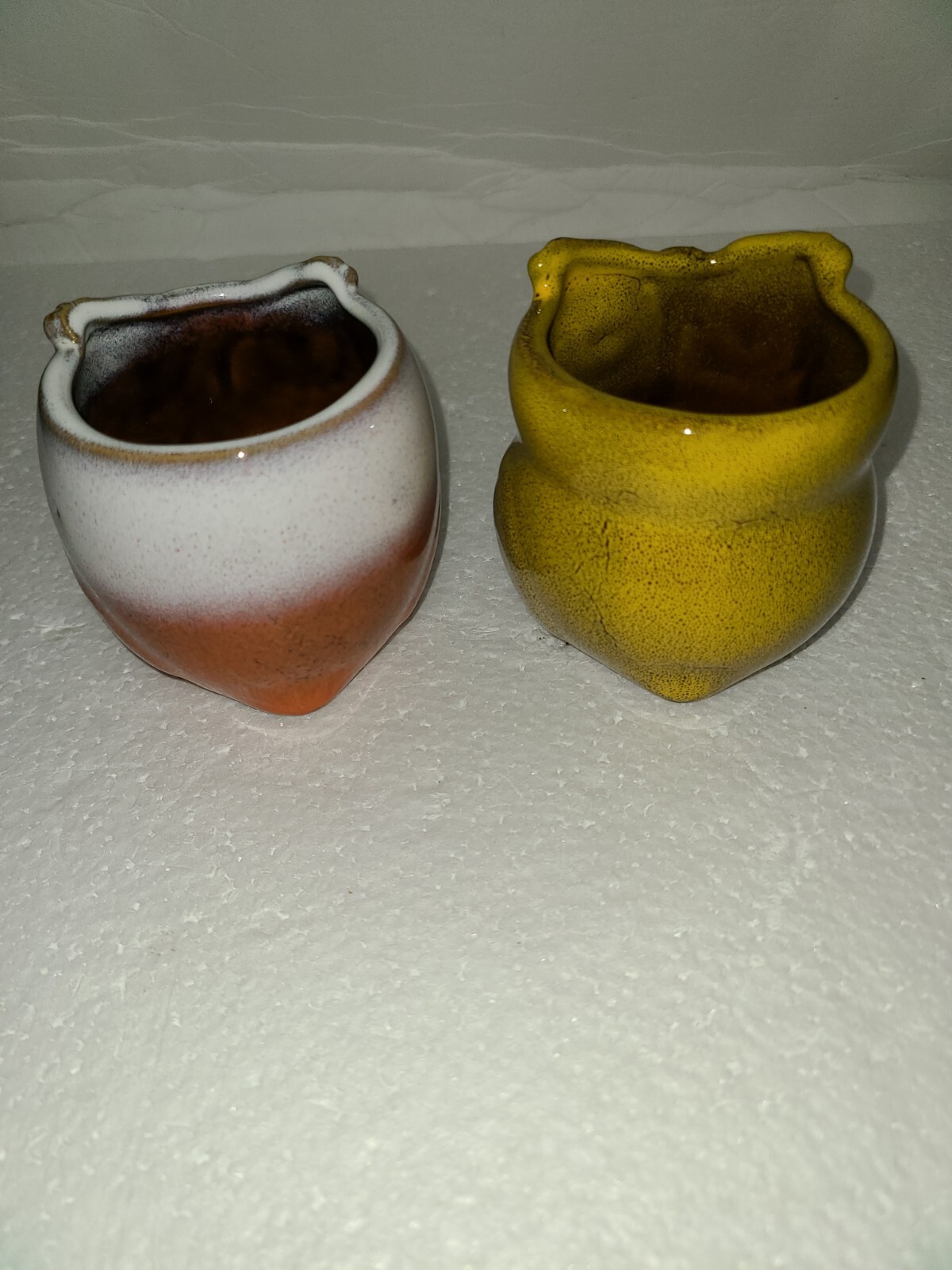 2 SMALL GLAZED POTTERY OWL PLANTERS SUCCULENTS DRAIN HOLE