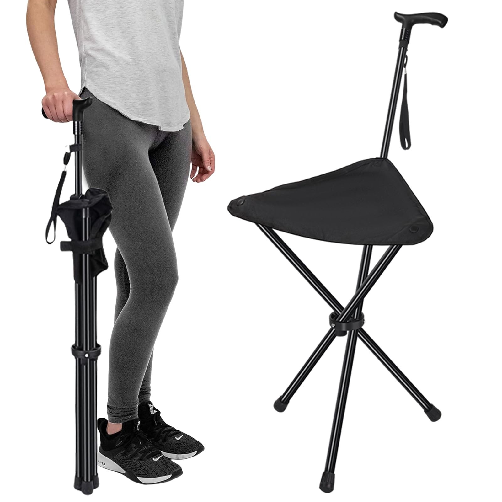 Lightweight Folding Walking Stick Cane Chair Seat Adjustable Height 220LBS
