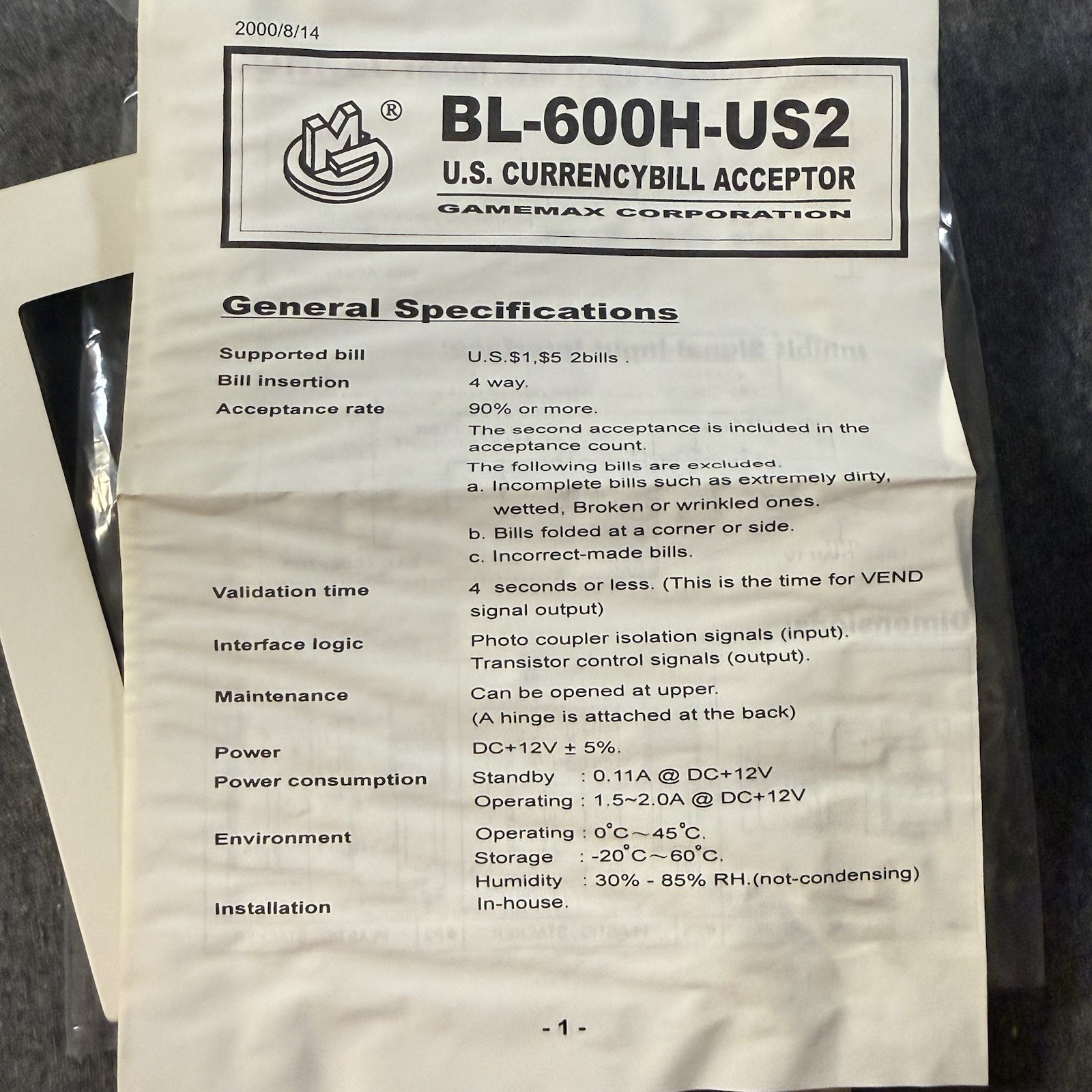 GAMEMAX BL-600H-US2 Bill Acceptor Validator NIB Includes Instruction Sheet