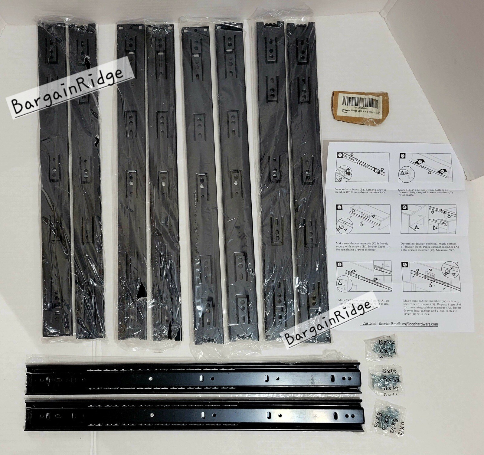 5 Pair OCG Drawer Slides 20 Inch Side Mount Drawer Slides 3-Section Ball Bearing