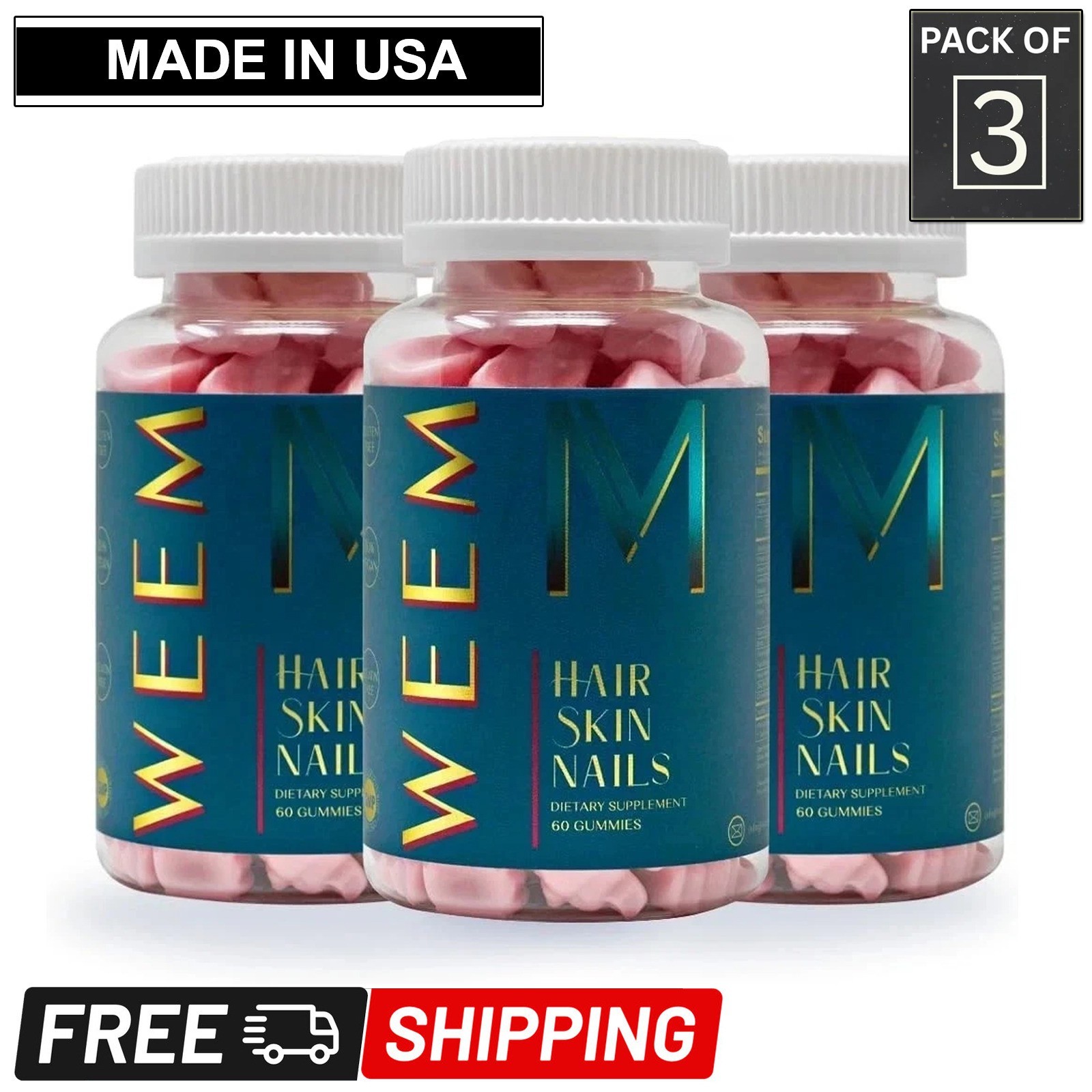 Pack of 3- WEEM Hair Skin and Nails Gummies Vegan Biotin Vitamins Healthy Hair
