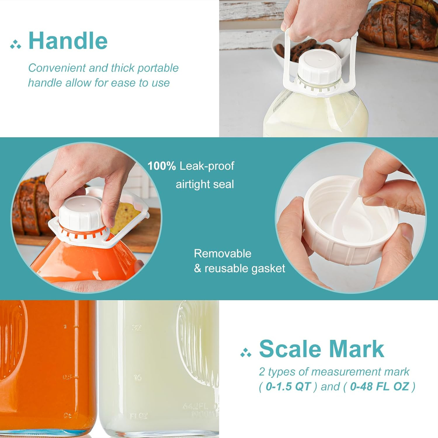 2 Pack 64 Oz Heavy Duty Glass Milk Bottle with 1 Silicone Spout and 3 Reusable A
