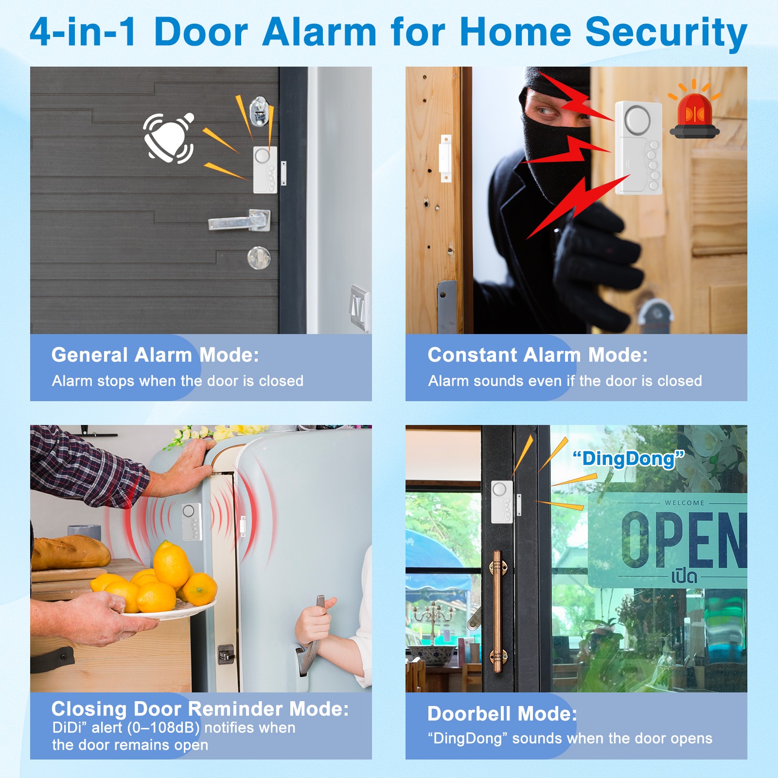 2× Adjustable Time Delay Freezer Alarm 108dB Loud 4Modes Magnetic Sensor 3Volume