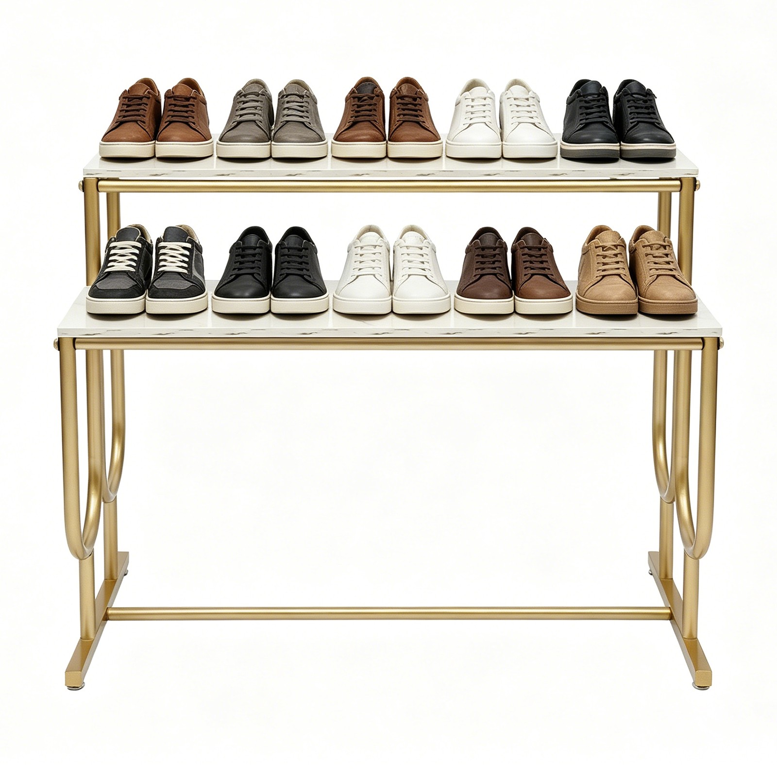 2-tier Display Stand Marble Pattern Shelf With Gold Frame For Retail/entryway