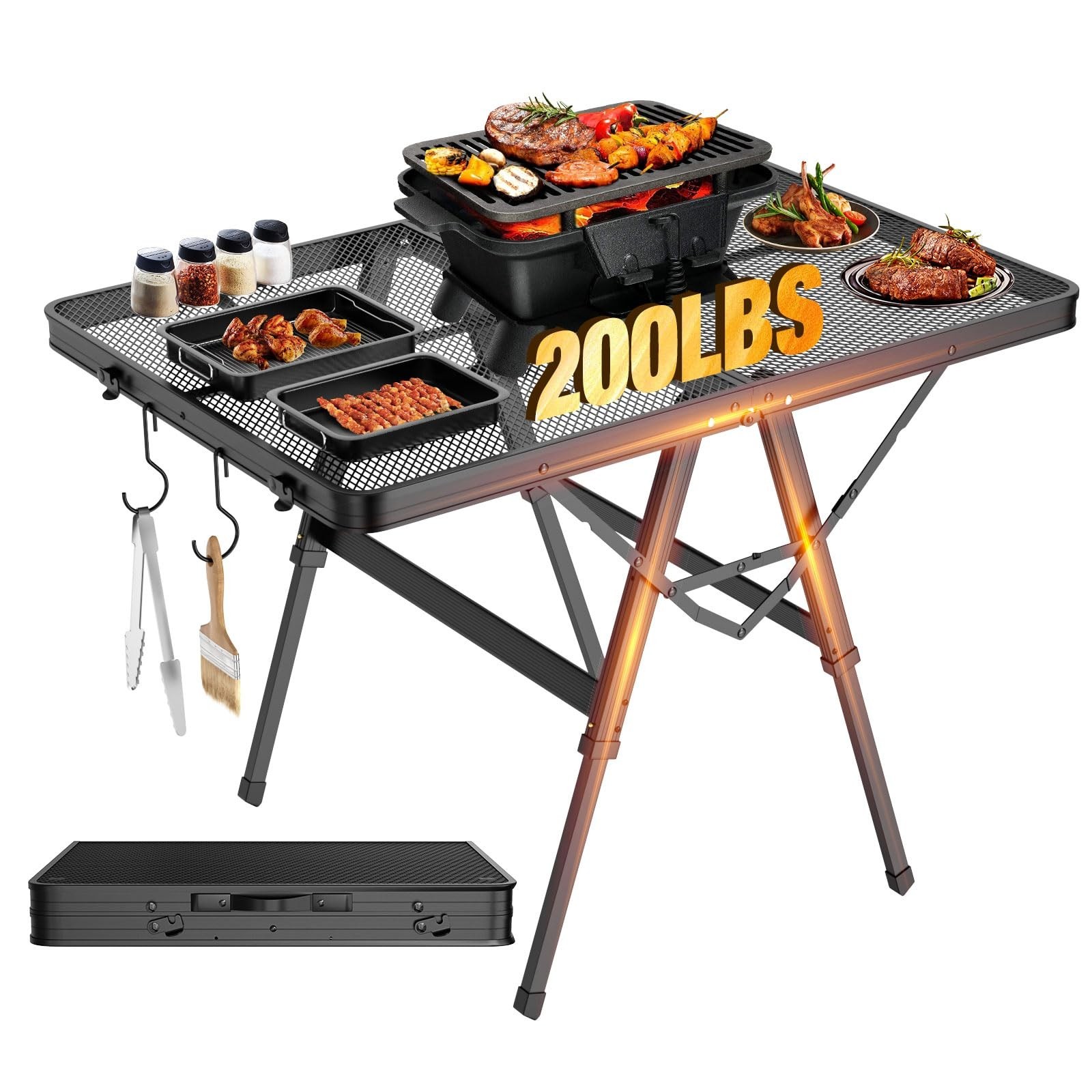 Portable Folding Grill Table w/ Mesh Top 200lbs 3Ft Height Adjustable Camping