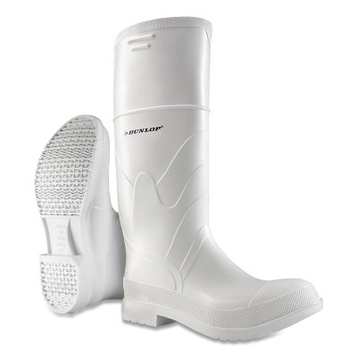 White Rubber Boots, Plain Toe, Men's 9, 16 in Boot, PVC, White Dunlop Protective