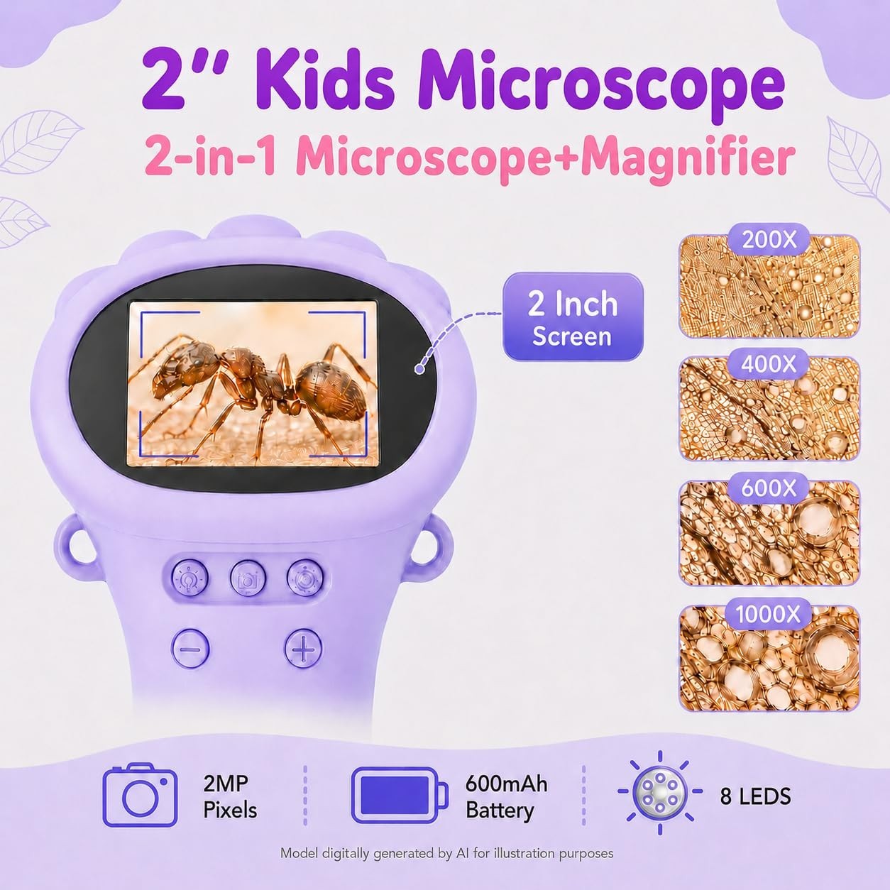 1000X Kids Microscope Handheld Camera, 2'' Screen Wonder Quest Microscope Camera